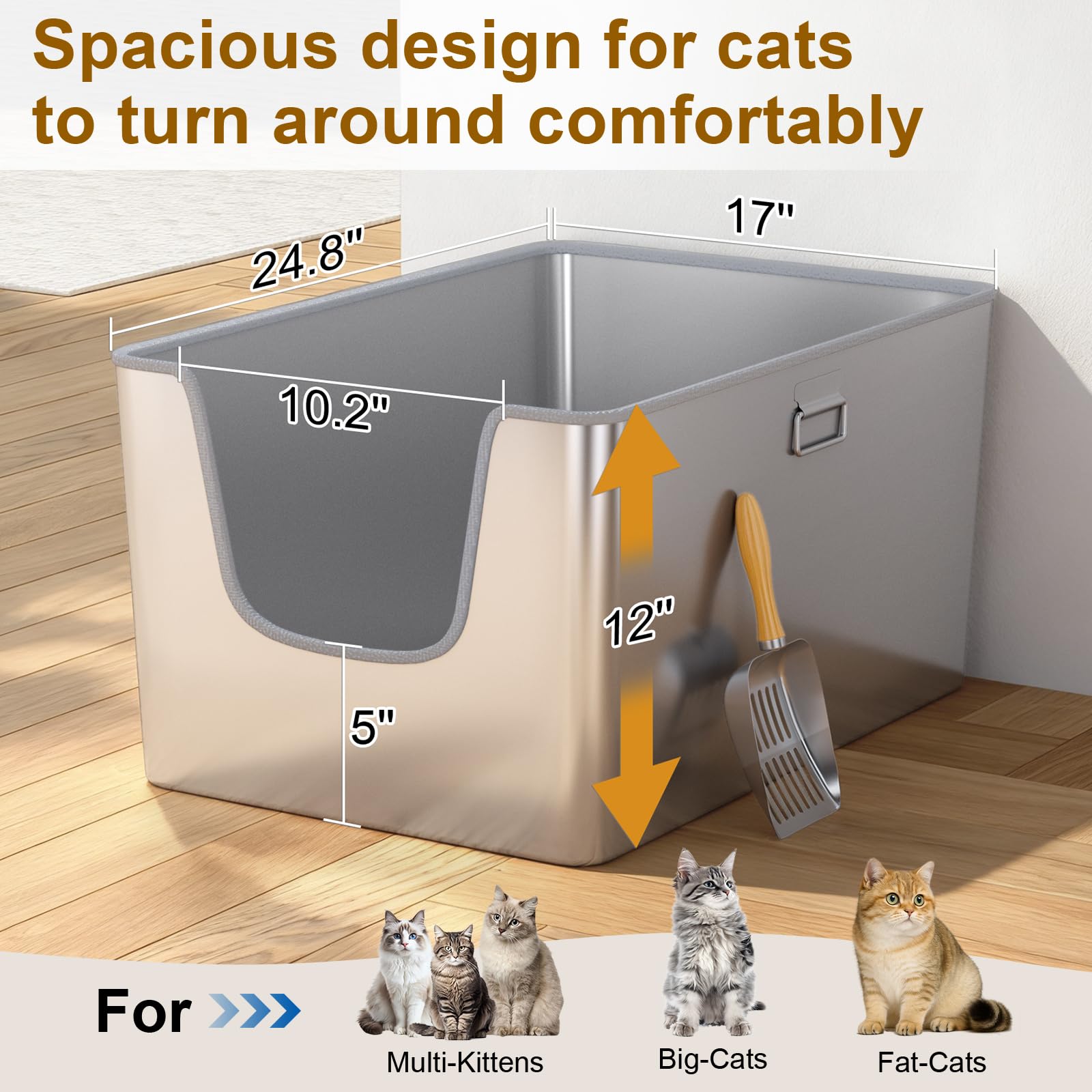 XXL Stainless Steel Cat Litter Box with High Side,No Sharp Edges for Big Cats,One-Piece Deep Metal Litter Box with Curved Low Entry,Anti-Leakage,Non-Sticky,Easy Cleaning(Side Entry) - image 5