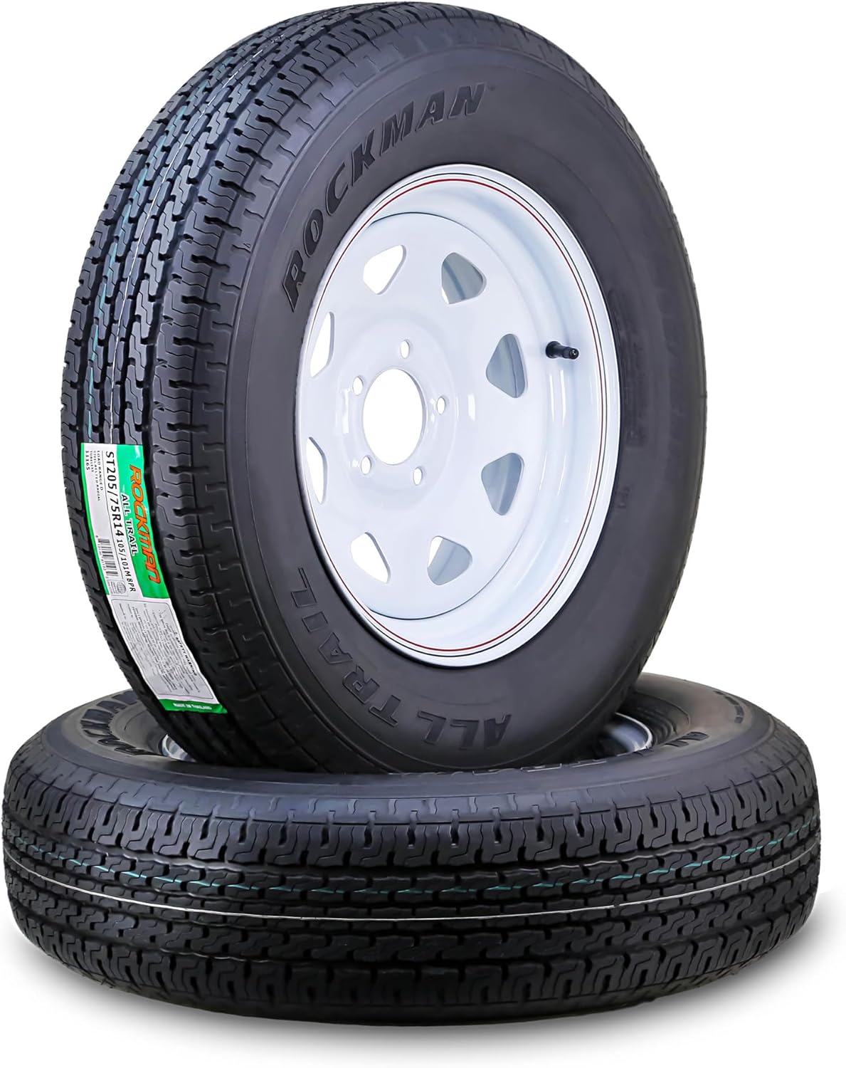 ROCKMAN ST205/75R14 Trailer Tire Rim Assembly 8-Ply D 105M 5 Lug on 4.5" PCD White Spoke Wheel,SET 2