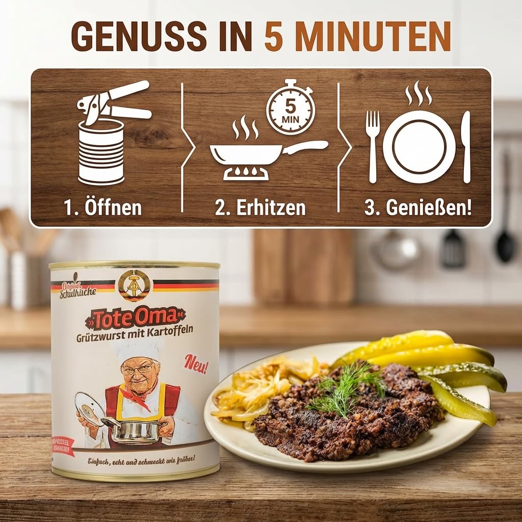 Schulküche 12x Tote Oma - Grützwurst mit Kartoffeln - DDR Fertiggericht | Original DDR Rezeptur ohne künstliche Zusätze, handgemacht im Kessel, inkl. Kochbuch & Grußkarte für Ostalgie Fans
