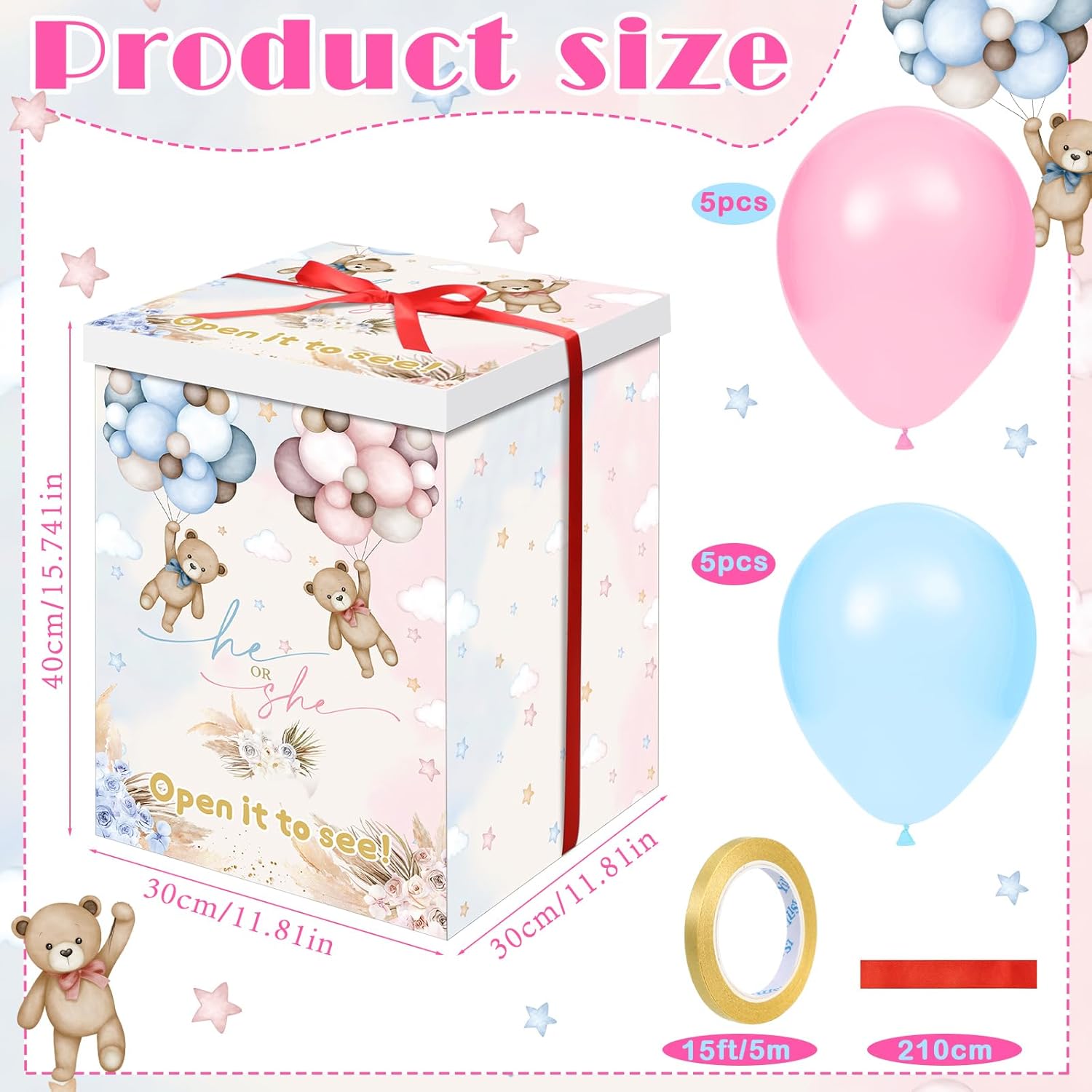Hungdao Gender Reveal Balloon Box with Ribbon and 10 Pink and Blue Balloons Gender Reveal Games He or She Open to See for Party Decoration 12"x12"x16"(Boho Bear)