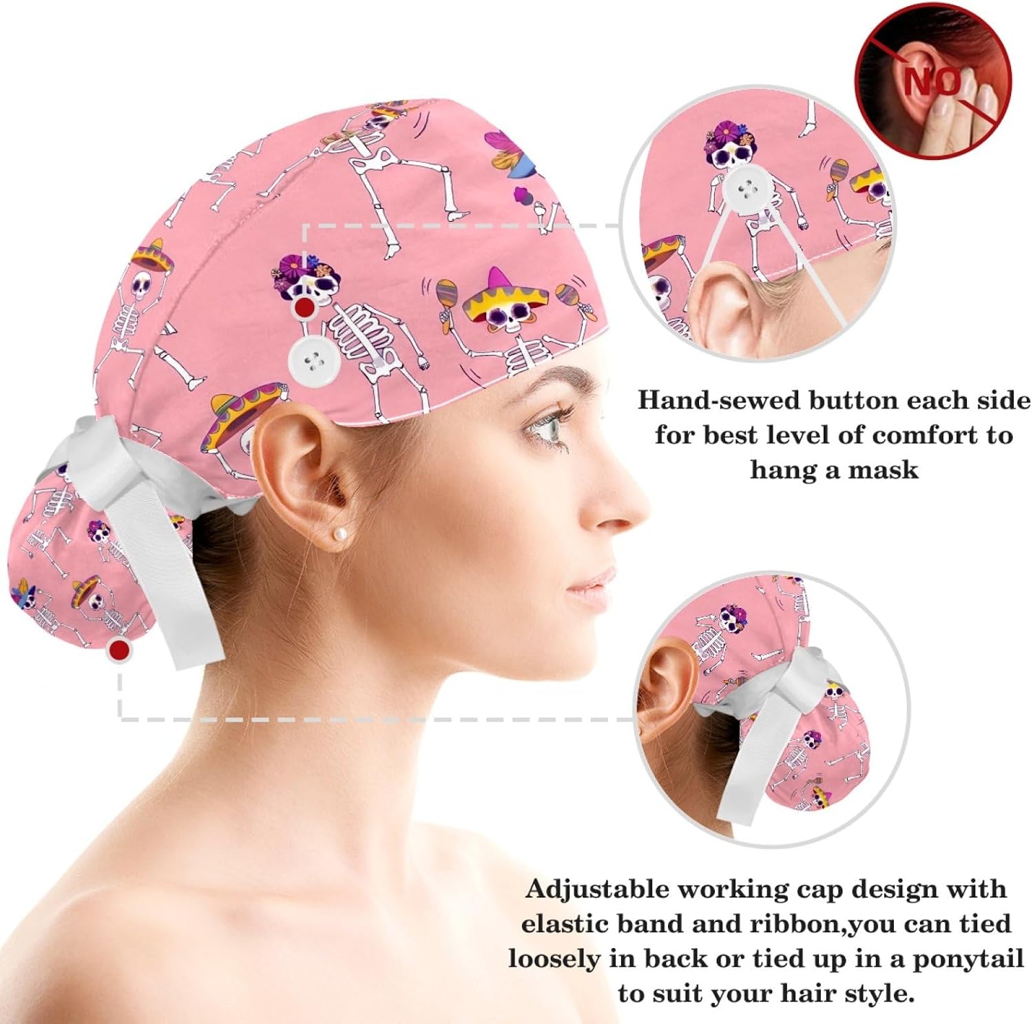 Pink Skeletons Working Cap with Scrunchies Women’s Ponytail Scrub Cap Scrub Hat Bouffant Hat for Long Hair