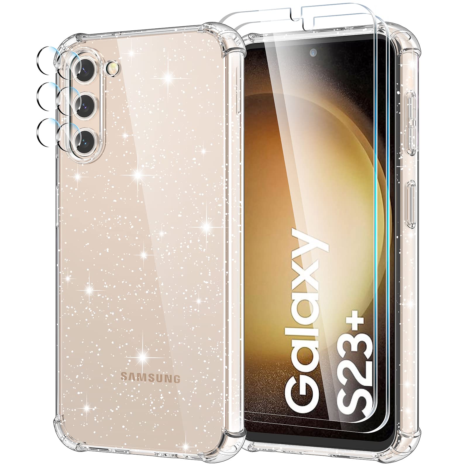 Coque Paillettes Transparente Pour IPhone 15 Pro + 2 Verres Trempés + 2 Protecteurs Caméra - Étui Silicone Gel TPU
