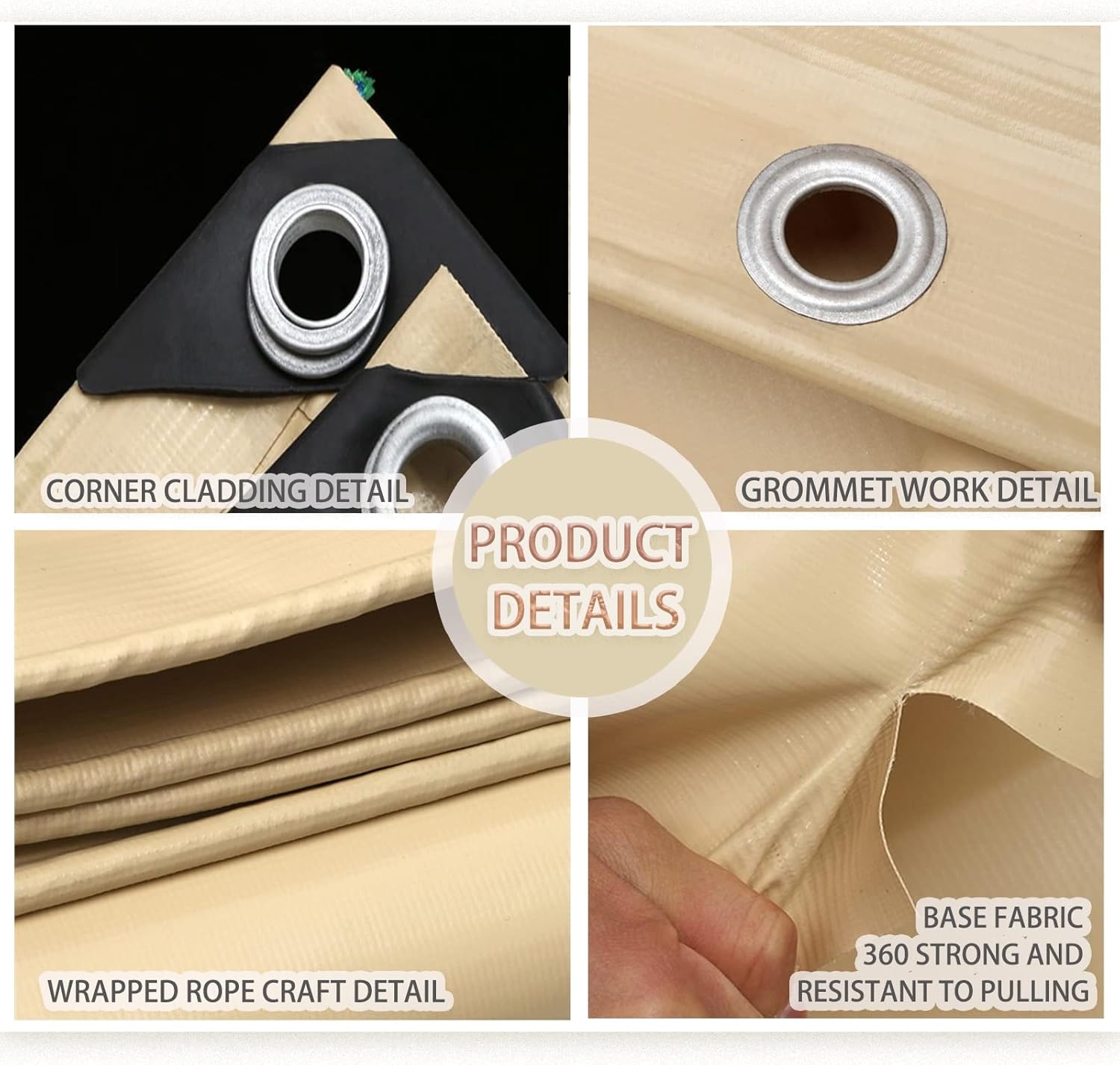 Tarp Sheet Beige Outdoor Tarpaulin Cover 4x4m 420g/m² Heavy Duty Canopy Tent for Furniture Garden Camping Ground Sheet 0.40mm Thick with Grommets (Size:4x4m)