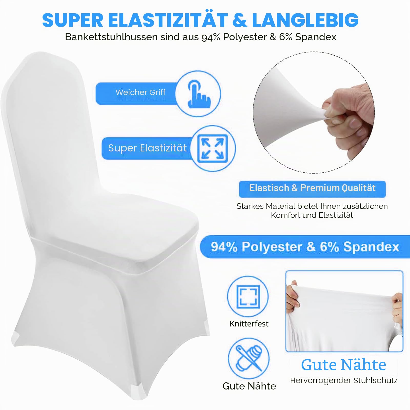 Stuhlhussen 100 Stück, Universell Stuhlhussen Weiß Polyester, Elegante Stuhl Stuhlbezüge Elasthan Spandex Waschbarer für Taufe Geburtstag Hochzeit Bankett Dekoration (100)