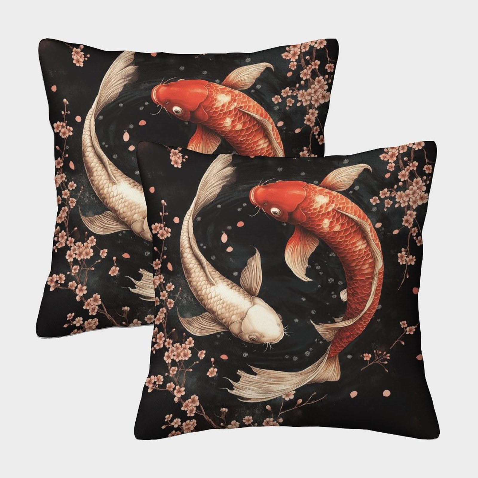 kaiyun 2 Pack Swimming Koi,Sakura Luxury Digital Printed Soft 3D Themed Square Cushion Cover 50x50cm