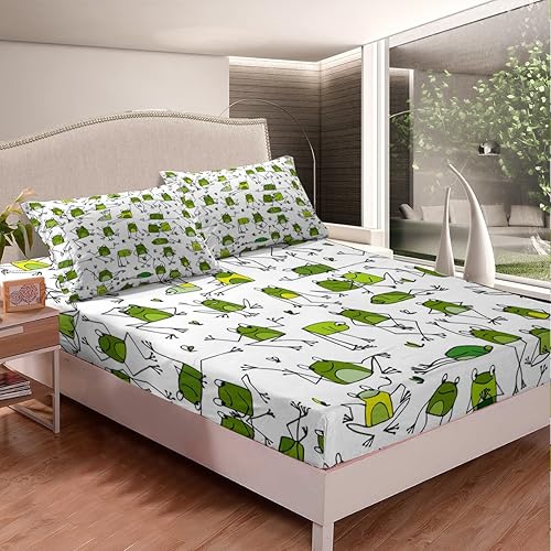 Miniatura 2 de Juego de ropa de cama de rana verde, sábana bajera de rana divertida, tamaño individual, sábanas de animales salvajes de dibujos animados para niños