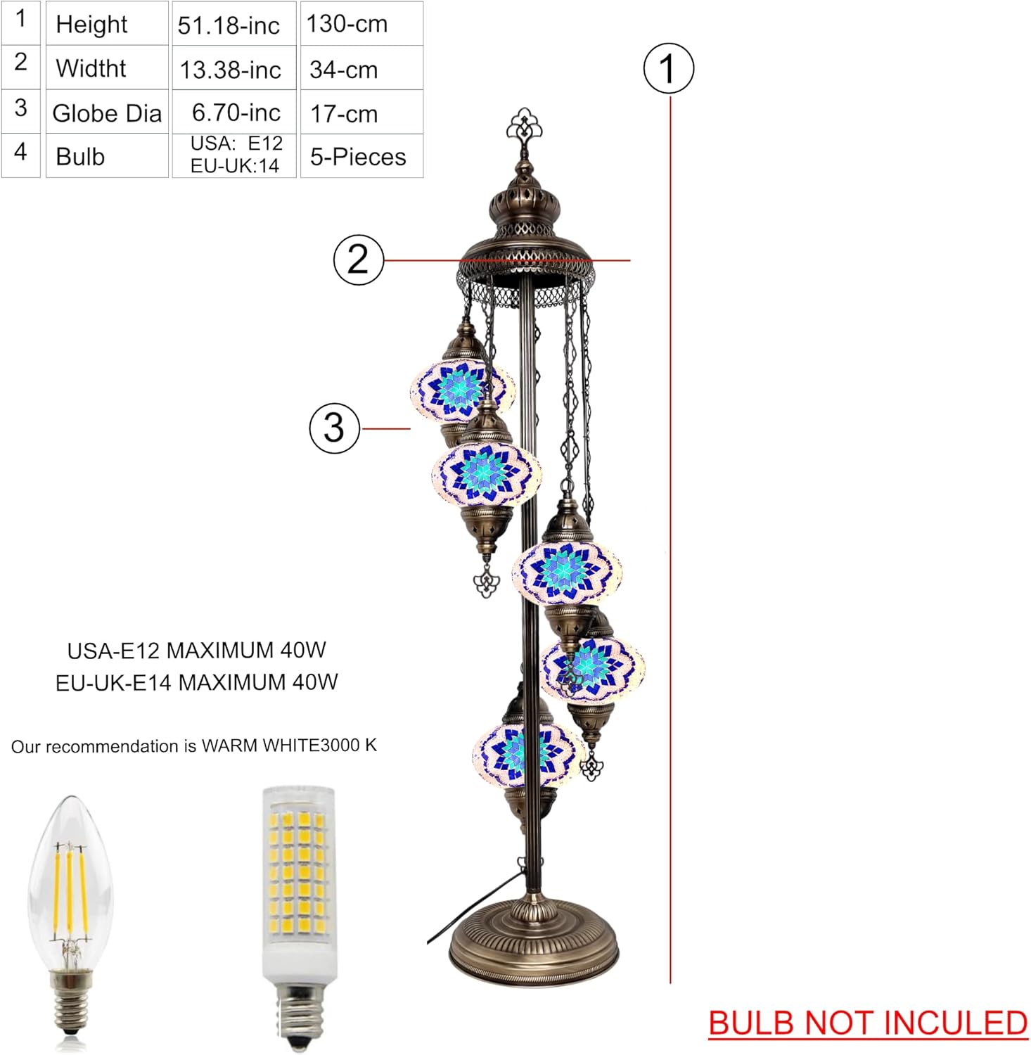 Turkish Mosaic Glass Big 7'' 5 Globe, Bohemian Floor Lamp with Stained Glass Shade - Unique Art Deco Corner Light - Moroccan Design - Tiffany Style Nightstand Lamp for Living Room (Blue White)