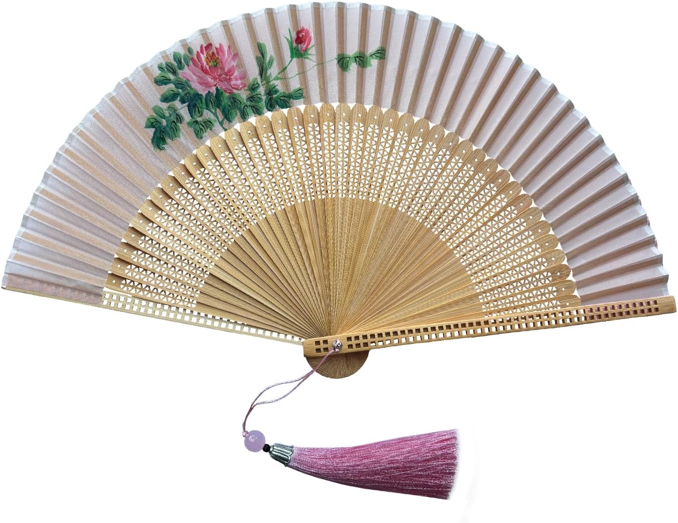 FANSOF.FANS Premium Floral Silk Fabric Border Handheld Folding Fan with Grade A Bamboo Ribs for Women Girls Event Birthday Wedding Favour with Tassel (Single Flower Border - Baby Pink)