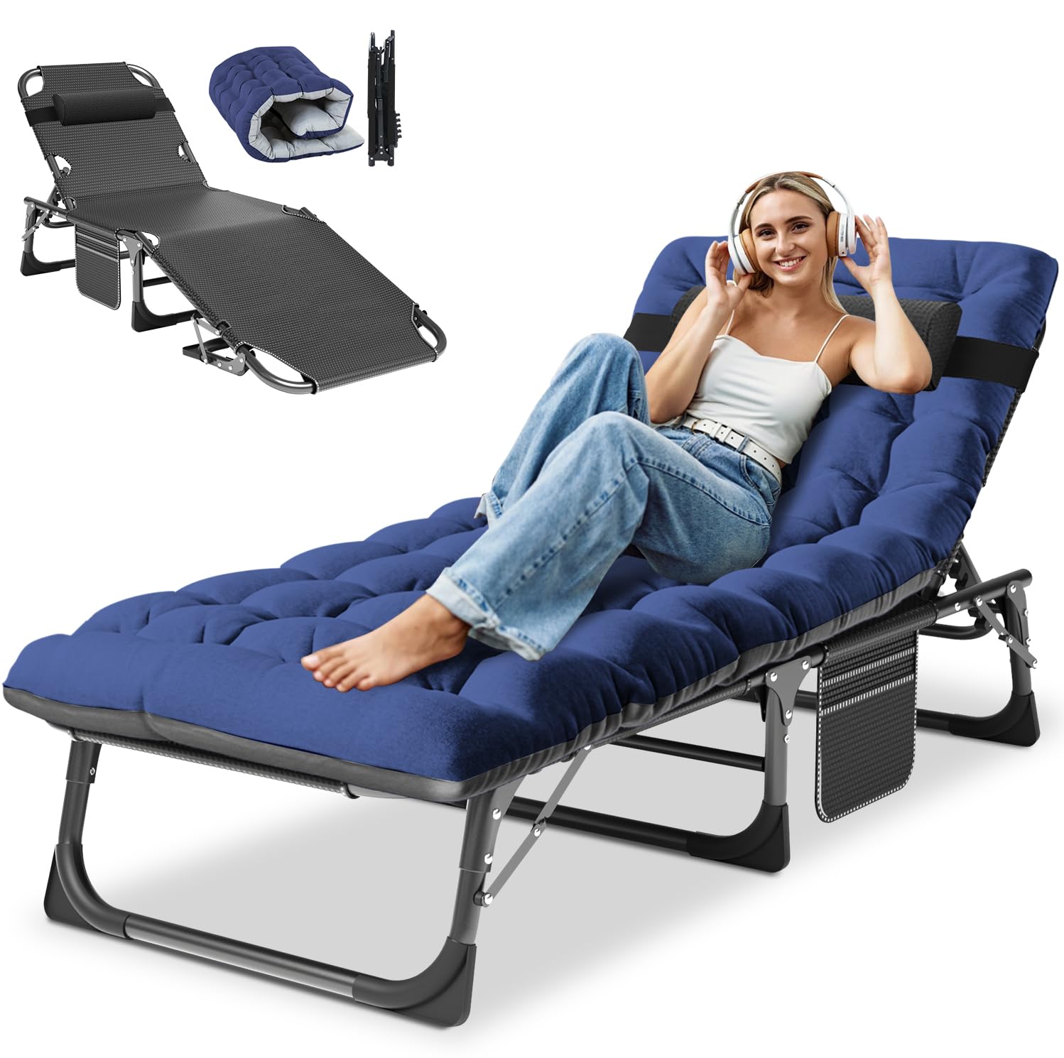 Obqer Folding Sun Loungers, 200KG Capacity Camping Bed with Cushion and Side Pockets, Adjustable Backrest, Easy to Assemble, Camp Beds for Adults, Guest Bed for Garden Pool Sunbathing — image 1
