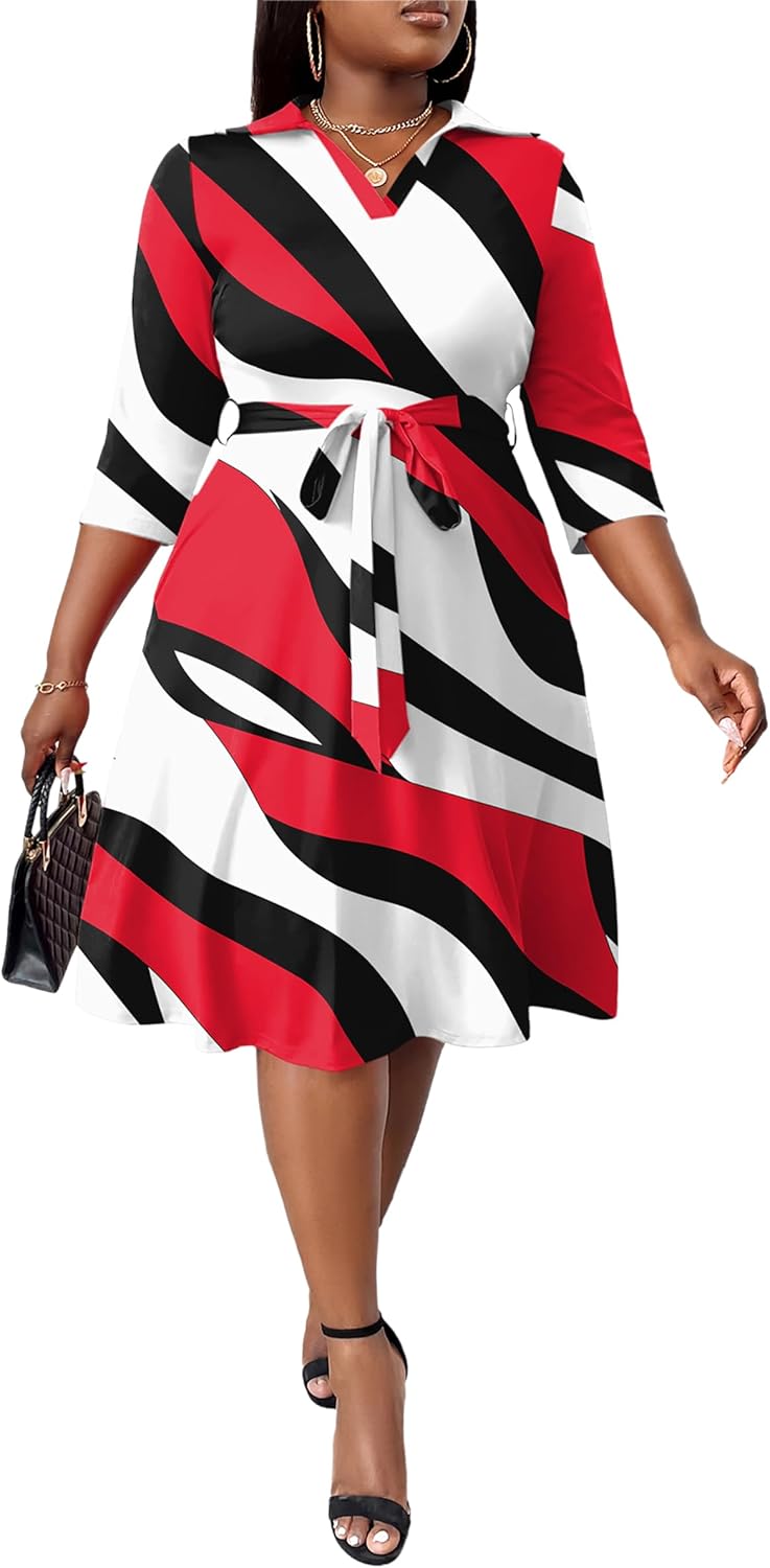 FANDEE Plus Size Midi Dress for Women - Printing Summer Dresses for Wedding Guest Cocktail Party 3/4 Sleeve V Neck(L-5XL) - Image 2