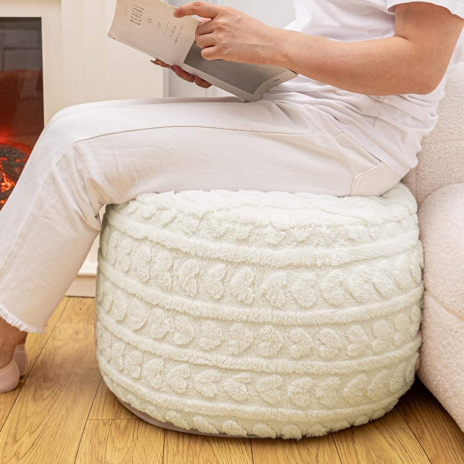 Round Pouf Ottoman 20x14 Inches Soft Heart Printed Footstool Ottomans for Living Room Comfort Floor Pouf Modern Foam Stuffed Poofs Perfect to Rest Your Feet for Couch Desk Ivory