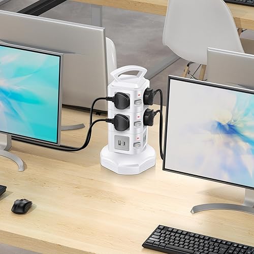 Miniatura 8 de Regleta de alimentación USB C de 10 tomas, protector de sobretensiones de 20 W, cable de extensión retráctil con 4 puertos USB, organizador de