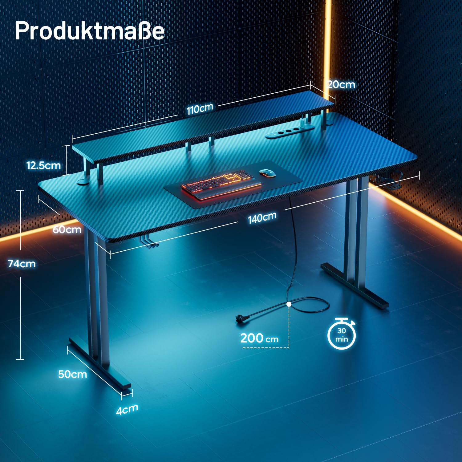 HLONONE Gaming Tisch mit LED & Steckdose, 140 x 60 cm, PC Tisch Schwarz | Computertisch mit Monitorständer, Typ-C-Anschluss & 2 USB-A-Anschlüssen, für Gaming und Büro