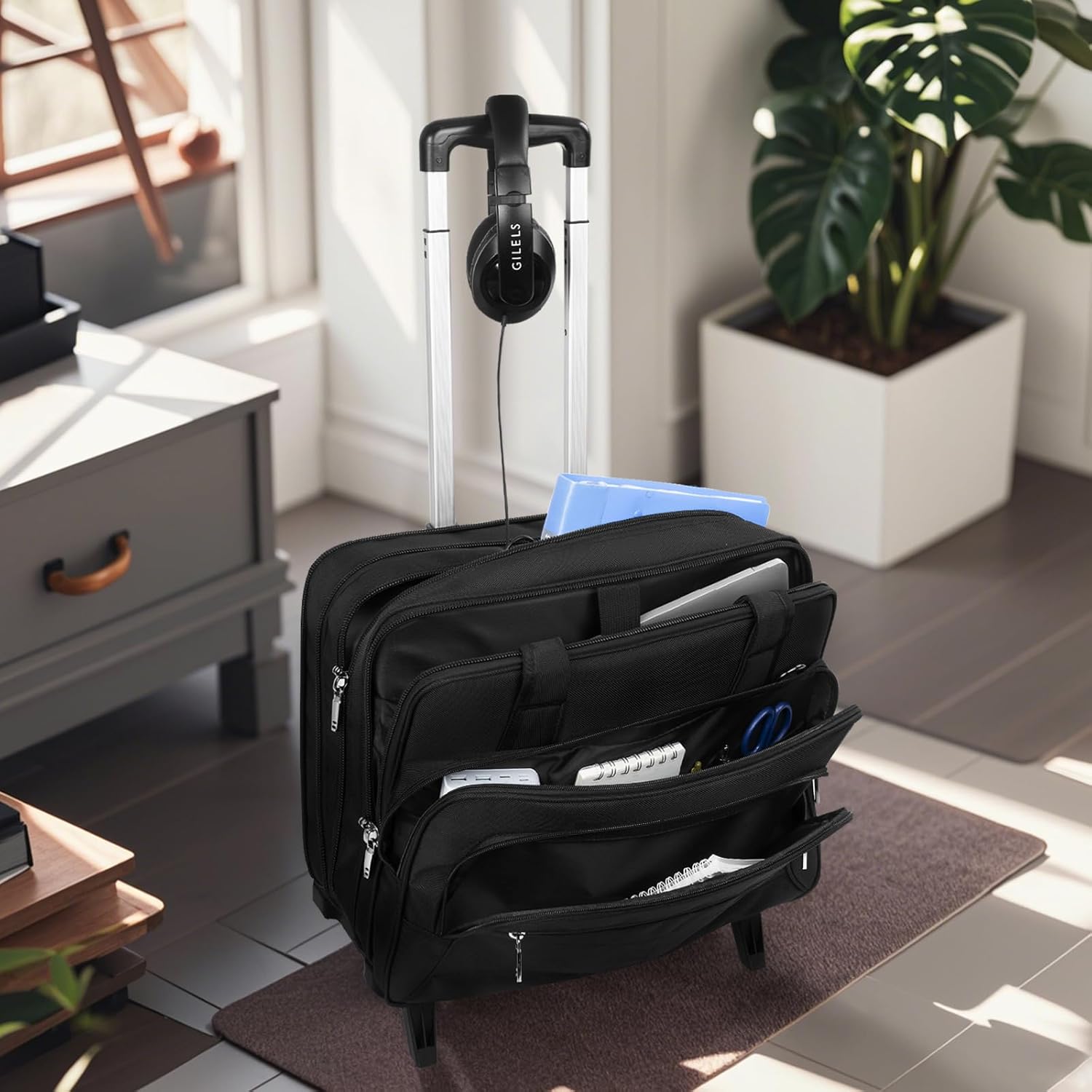 GMAK Rolling Laptop Bag for Women Men, Wheeled Briefcase with Removable Trolley, 17.3 Inch Laptop Bag Overnight Roller Case Computer Bags for Work/Business/Travel Carry On Bag with Wheels, Black