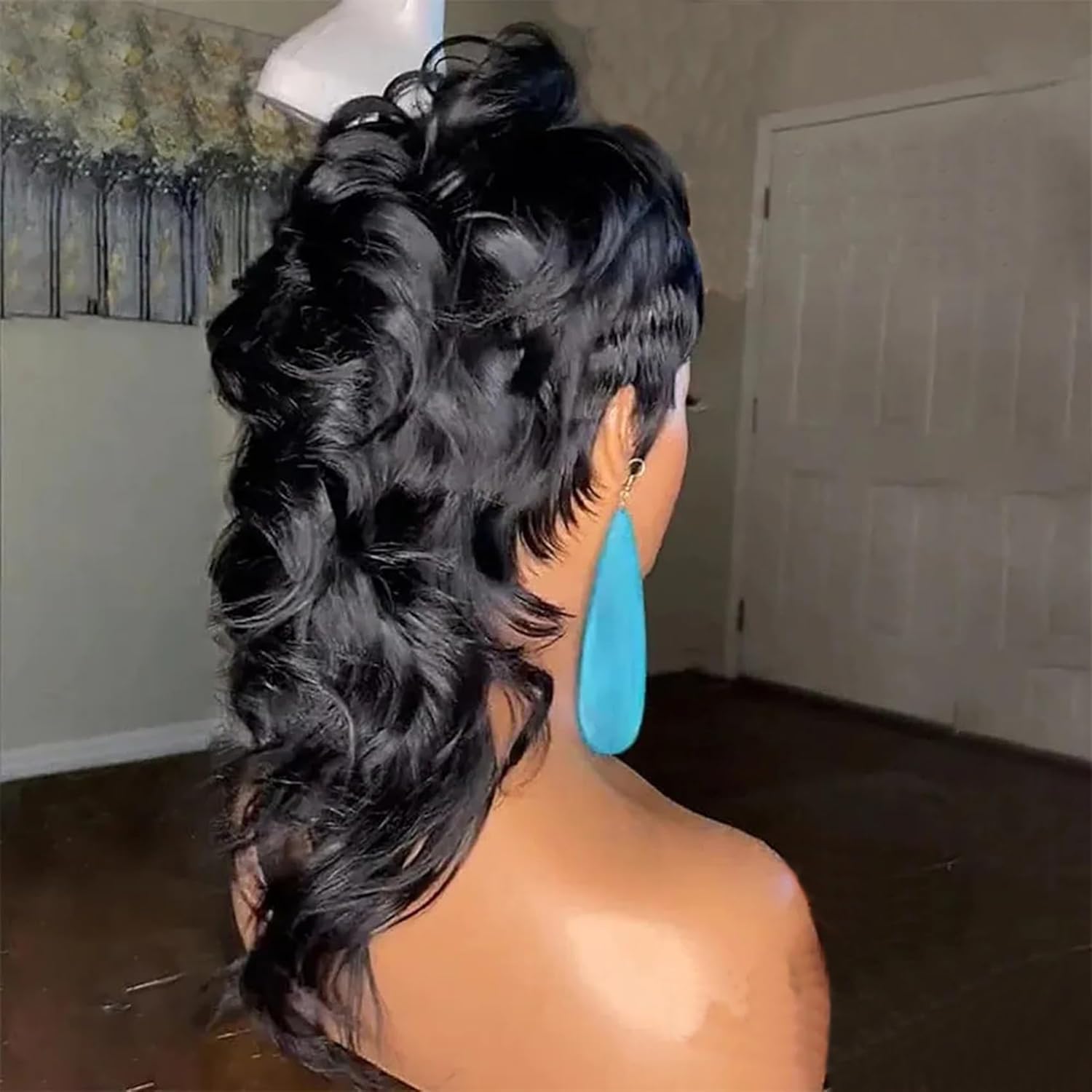 PangDongLai 80s90s Mullet Human Hair Wigs Pixie Cut Wig for Black Women Model Length 10A Pixie Cut Curly Hair Wigs Glueless Full Machine Made Wig Natural Black Color for Daily Use