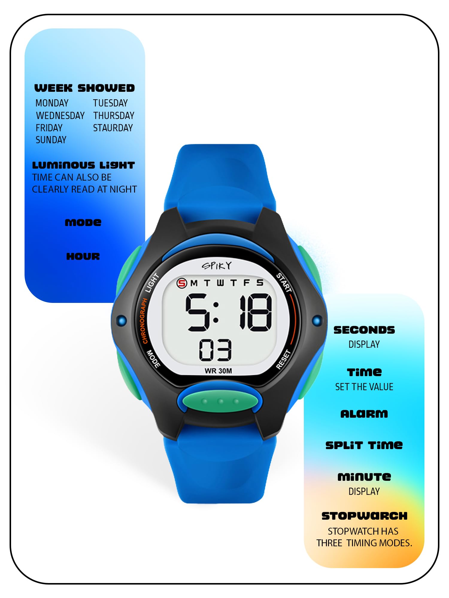 SPIKY Digital Sports Watch for Kids (Blue) | Multifunctional with Luminous LED Display & Alarm | Water Resistant & Silicone Strap | Birthday Gift Wrist Watches for Boys & Girls | Age 2-14 Yrs 4