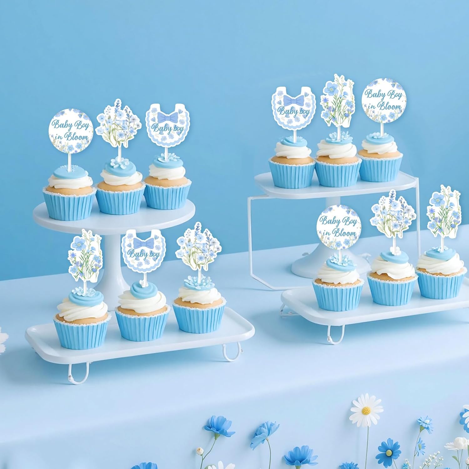 Kreatowow Baby Boy In Bloom Baby Shower Decoration Blue 36Pcs Baby-In-Bloom Cupcake Toppers Wildflower Baby-Shower Decoration Flower Birthday A Little Wildflower Is On The Way Decor for Pregnancy