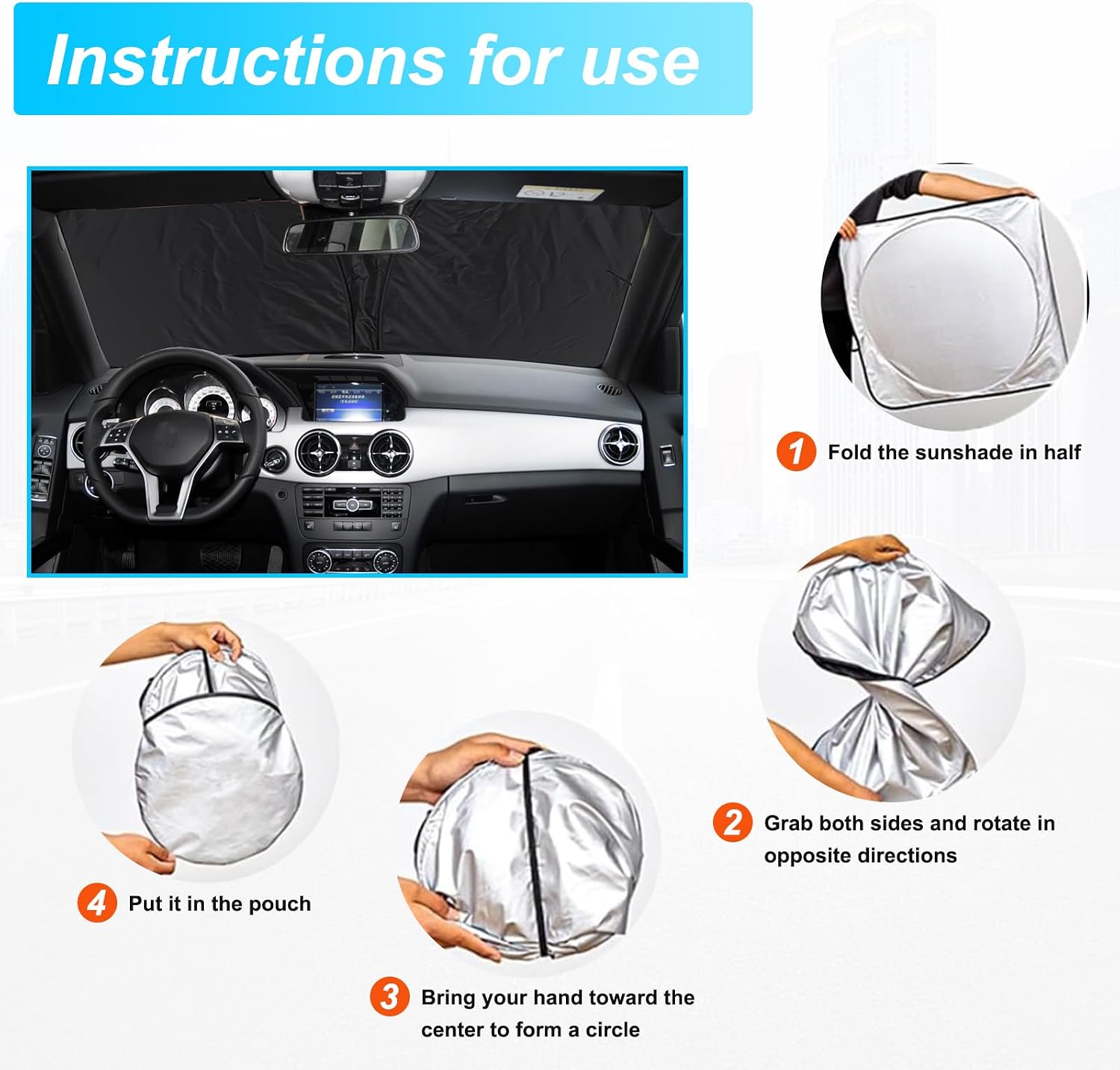Car Windshield Sunshade Compatible with Mercedes-Benz GLK Class X204 2008-2015 Foldable Elastic Memory Steel Wire Front Windshield Sun Shade Blocks UV Rays and Heat Interior Protector