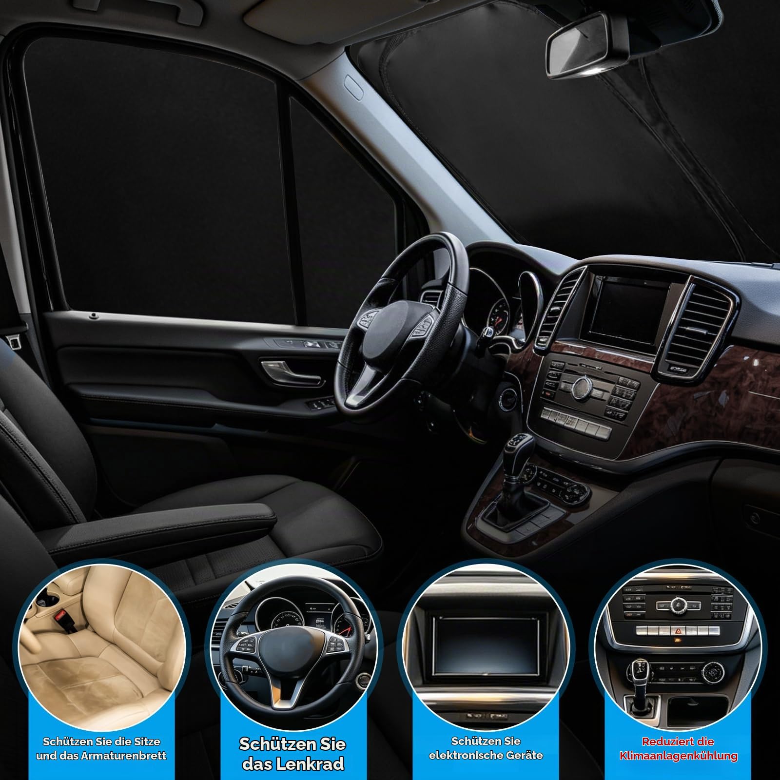 Innere Thermoschutzmatte für Mercedes Sprinter 2006–2018, 3 Stück, Windschutzscheiben-Sonnenschutz, isolierter faltbarer Front-Sonnenschutz & magnetische Seitenfenster-Sonnenblenden