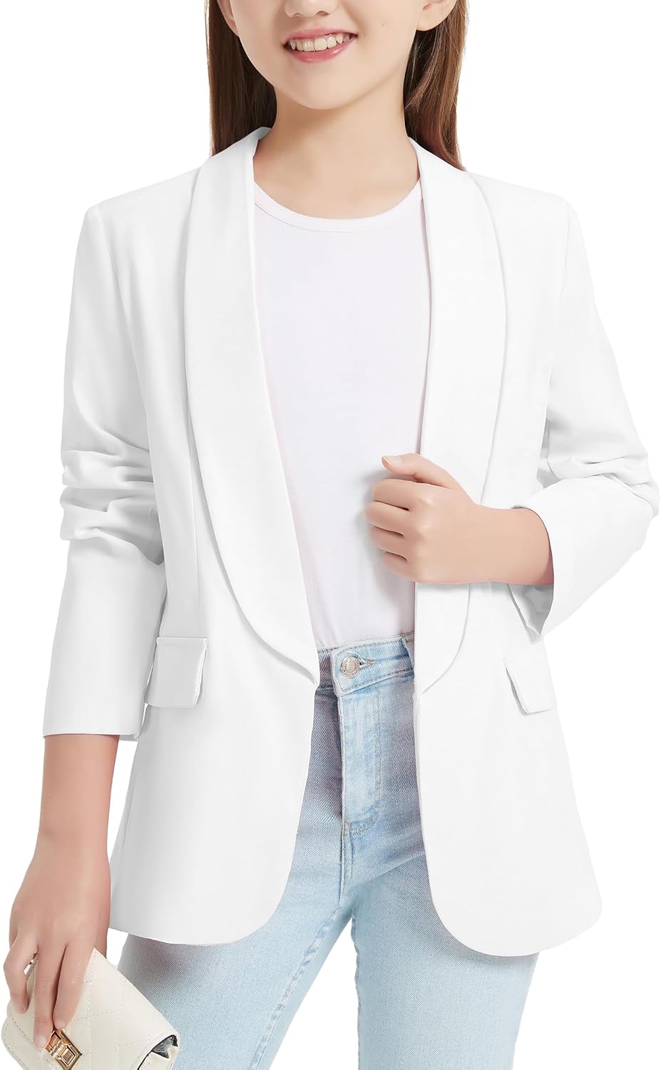 EXARUS Girls Blazer Jacket Teen Suit Long Sleeve Shawl Collar Formal Blazers Open Front Inner Pocket for Kids 6-12 Year