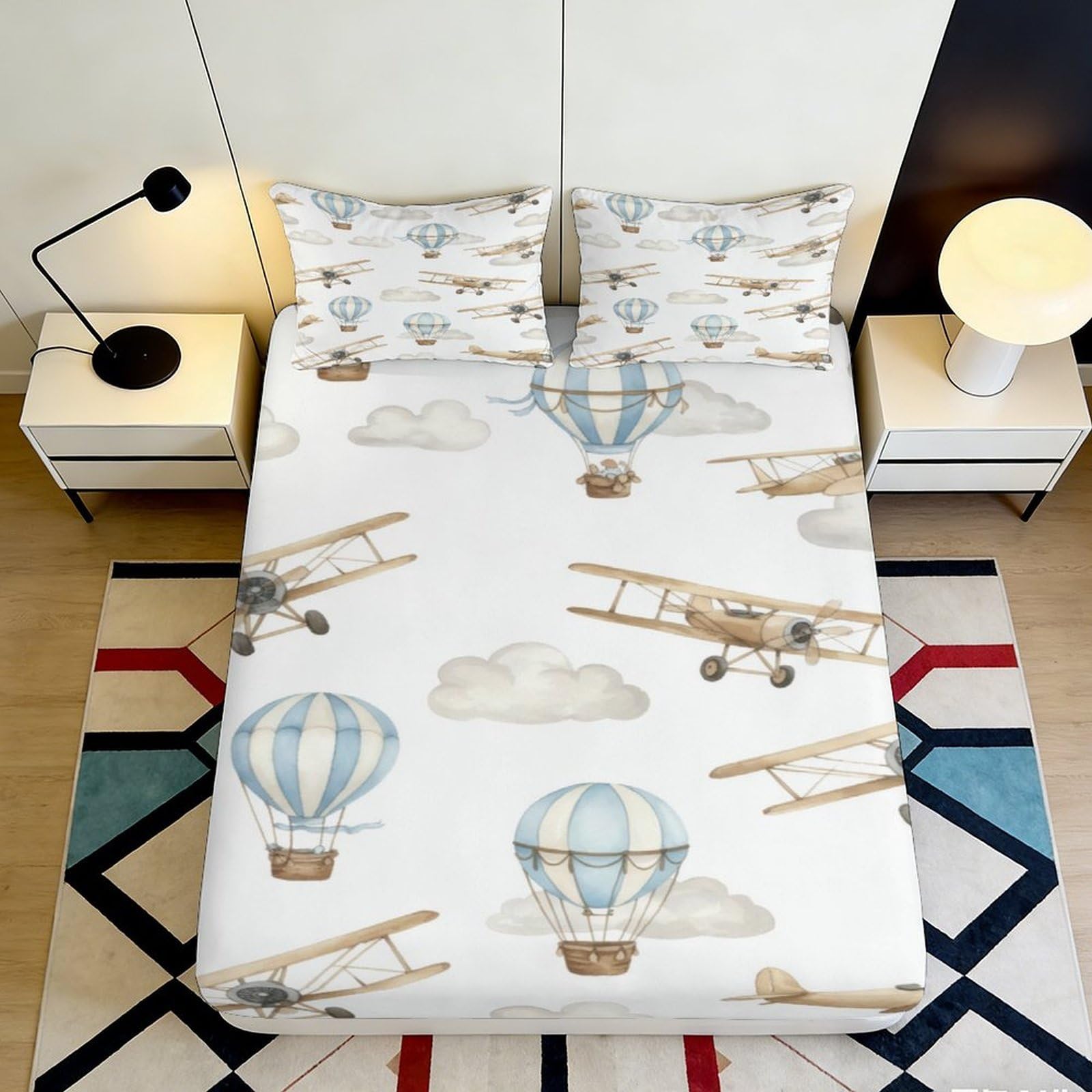 3D Printed Vintage Airplane Fitted Sheet Microfiber Soft Blue Hot Air Balloon Mattress Cover Bedroom Dorm Decor 120x200x25cm