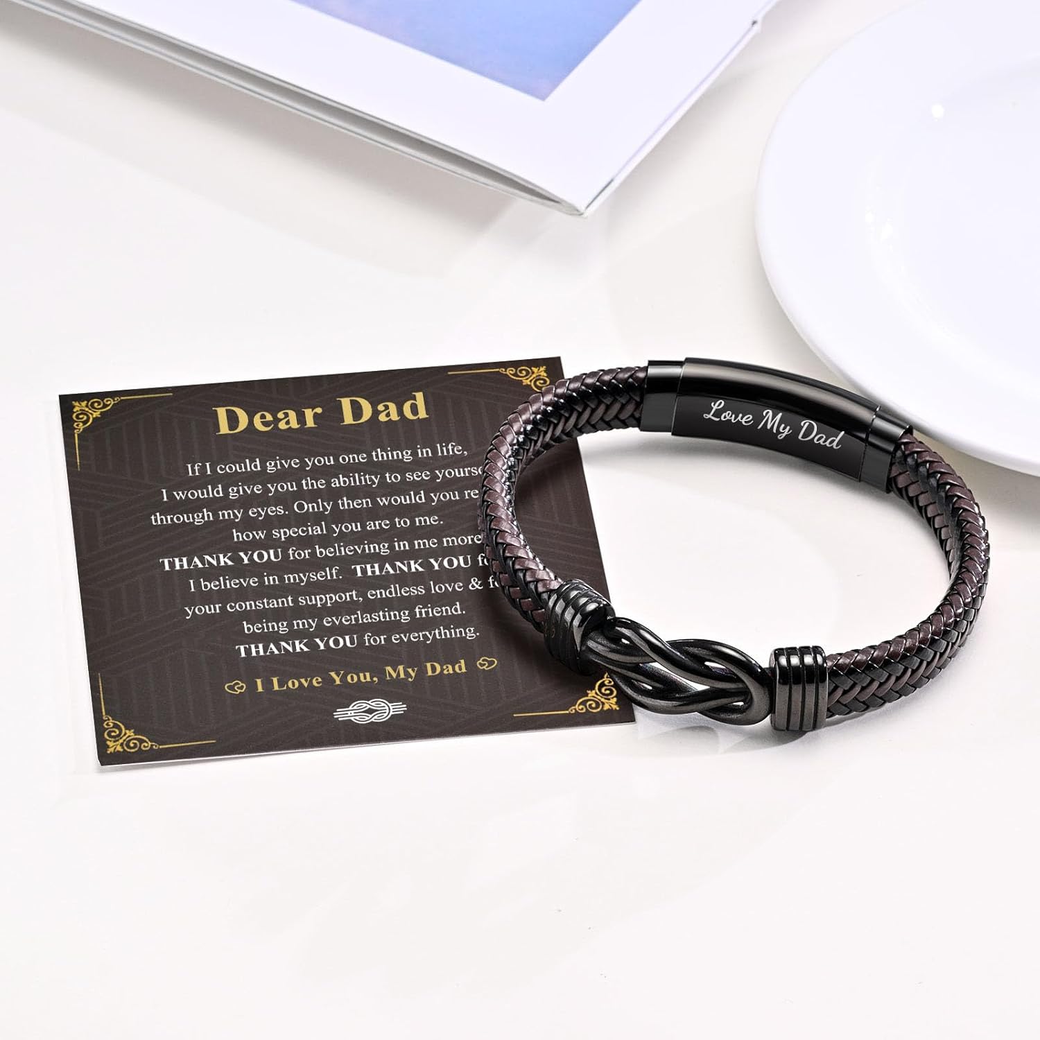 MEALGUET Mens Leather Bracelet Dad Gifts - Brown Braided Leather Infinity Knot Bracelets Engraved Love My Dad for Men, Daddy Jewelry Gift from Daughter Son for Father's Day Birthday - Image 3