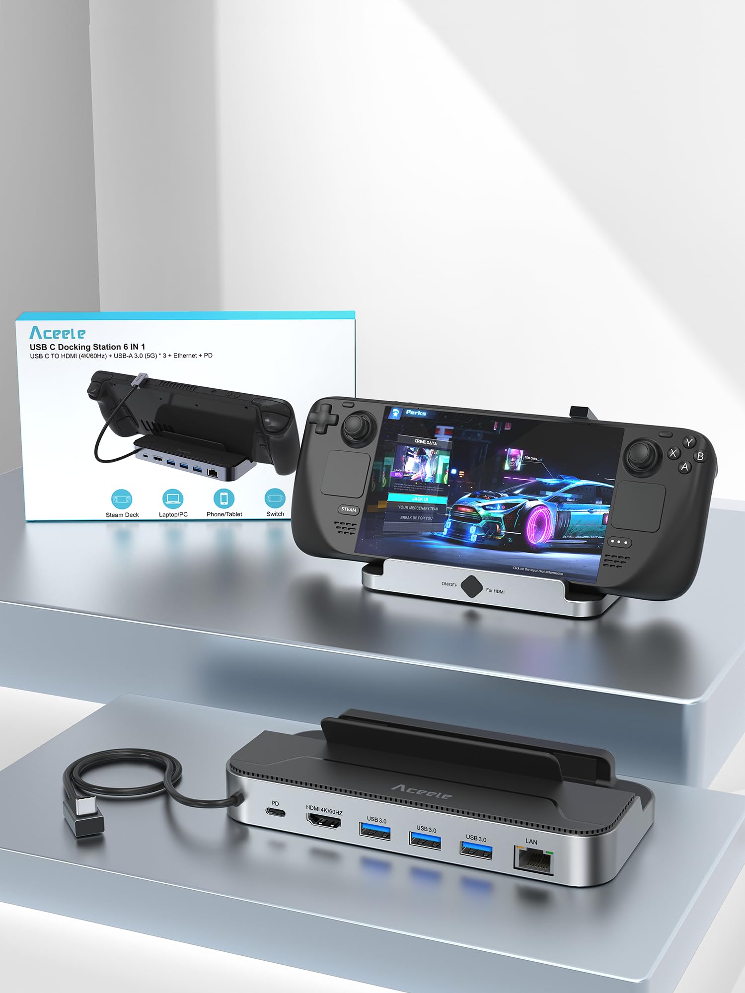 Aceele Steam Deck Dock, stacja dokująca 6 w 1 USB C z HDMI 4K@60Hz, USB 3.0, portem ładowania PD 100W, RJ45 Gigabit Ethernet, do Steam Deck, Switch, Valve, laptopów i innych urządzeń