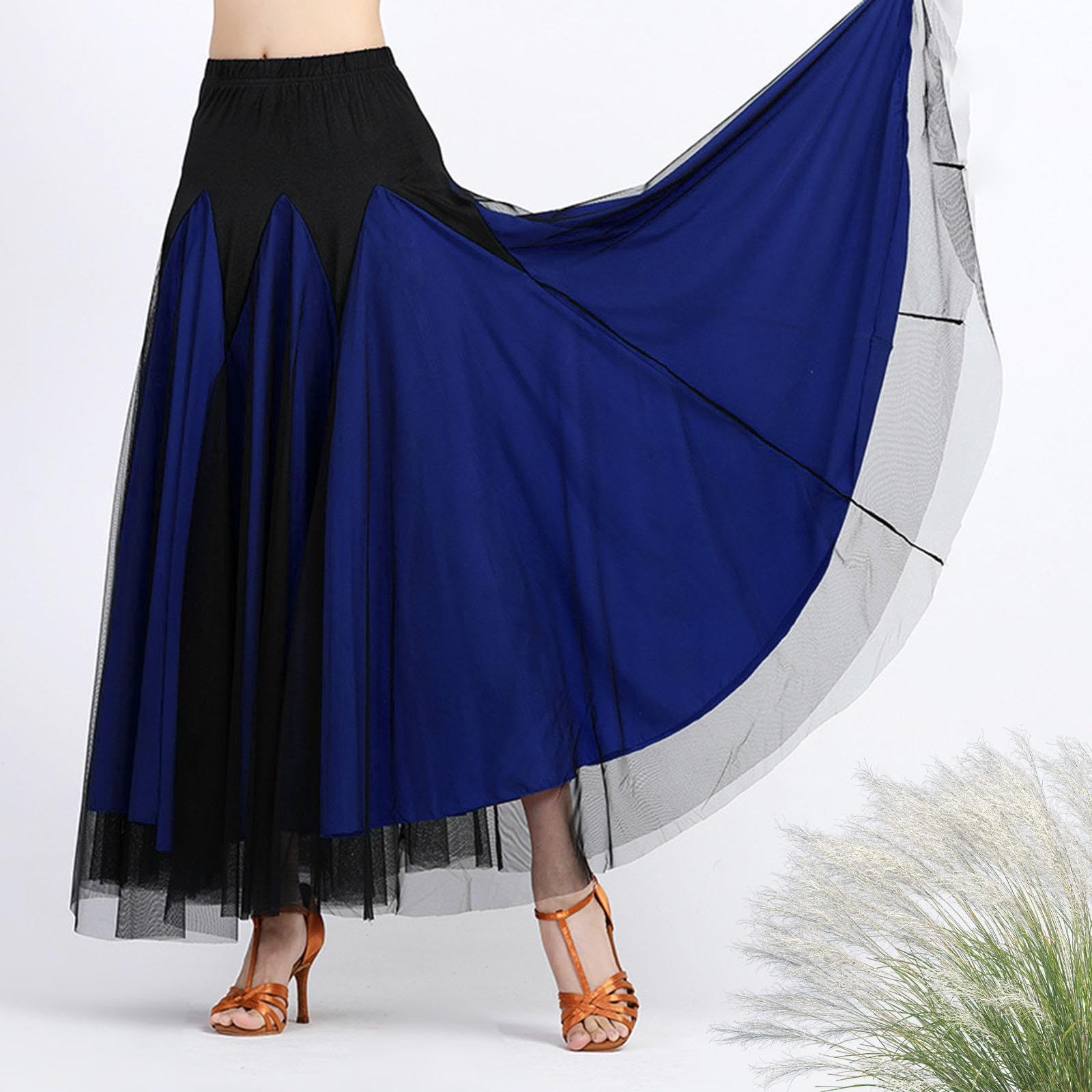 Kleid Tanz für Damen Ballsaalrock Tanzkleid mit Elastischem Bund Und Schwingendem Milchseide Und Mesh für Auftritte Übung Festival C