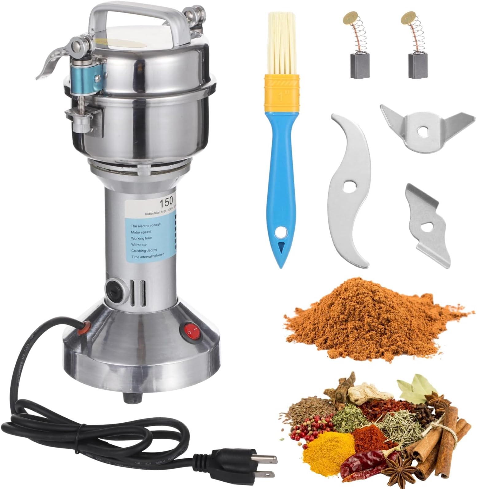 150g Electric Grain Mill Grinder, 750W Stainless Steel Dry Cutter Powder Machine, 25000 RPM Countertop Grinding Grinder for Coffee Beans, Grains, Spices, Dried Herbs, Kitchen Use