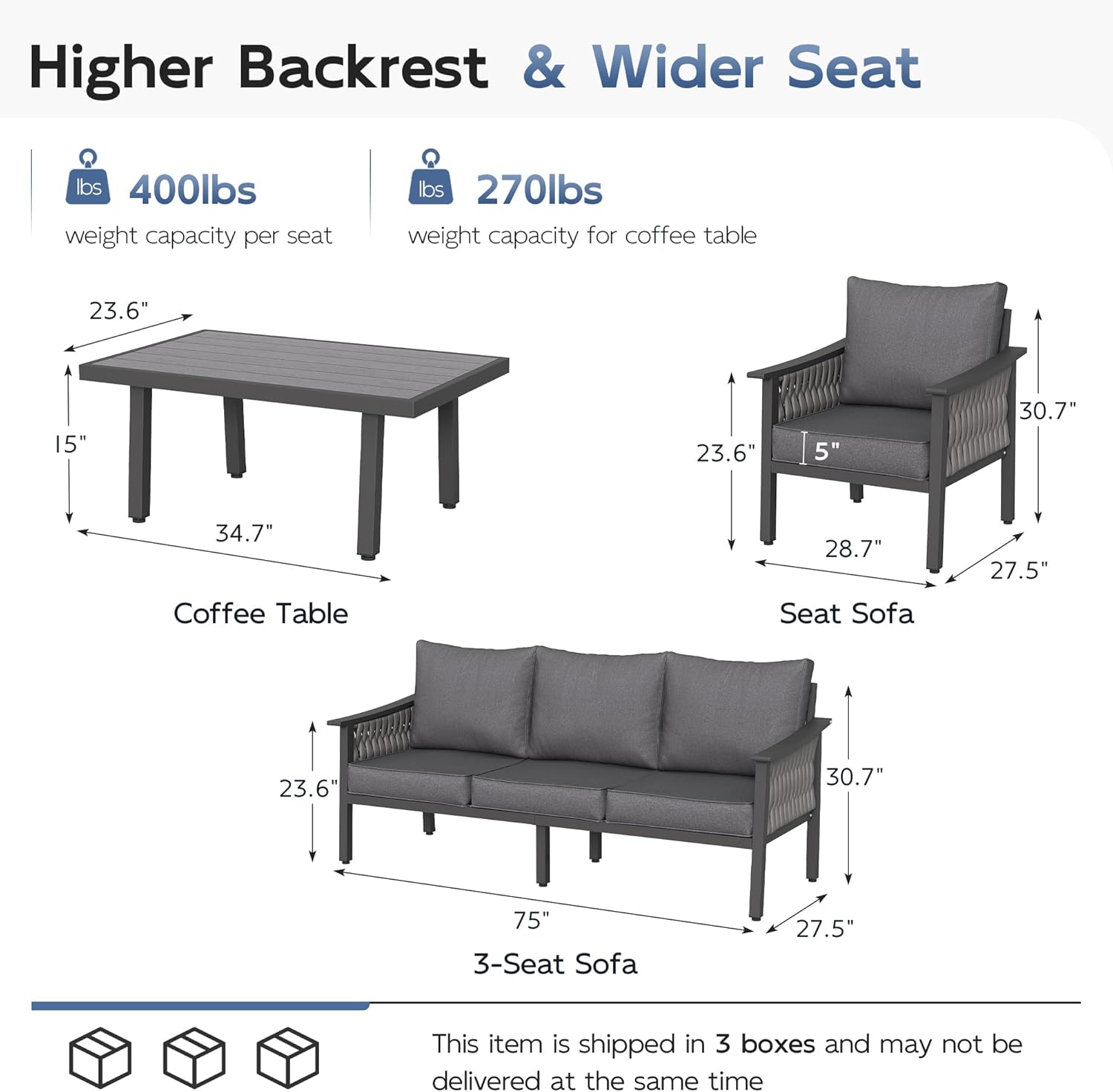UDPATIO Aluminum Outdoor Furniture Set with Coffee Table, 4 Piece Modern Aluminum Patio Furniture Set, PE Rope Patio Conversation Sets with Thickend Cushions, for Porch, Balcony, Garden, Dark Grey