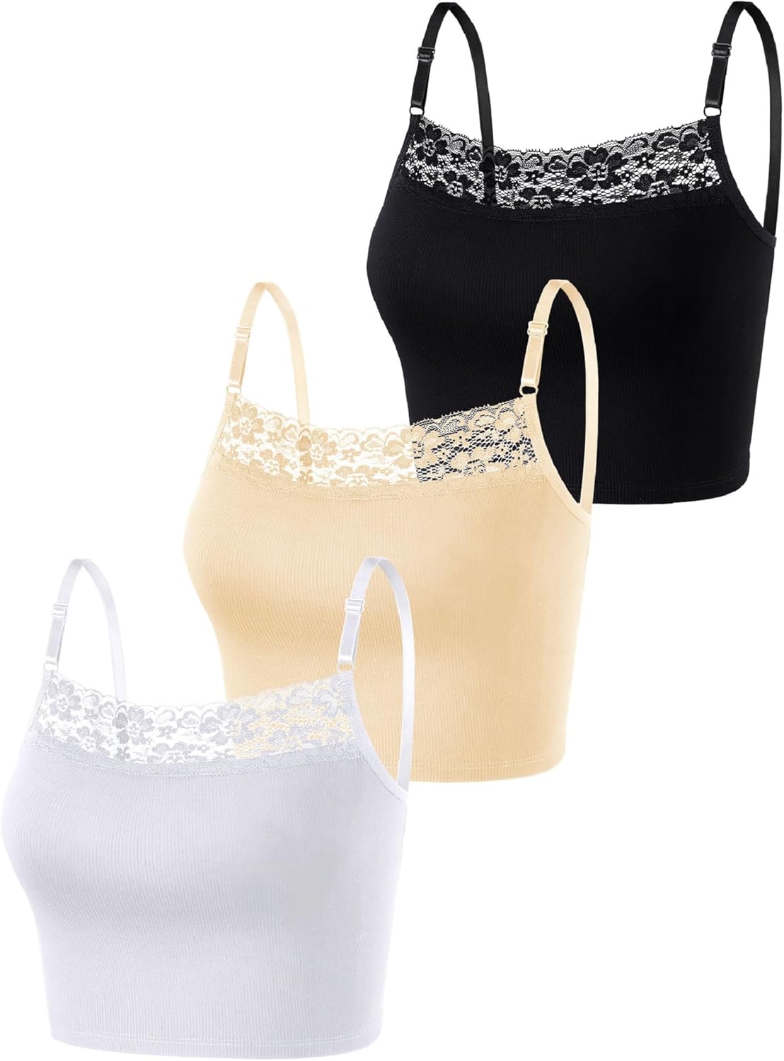 Bencailor 3 Pieces Lace Camisole Crop Top Lace Half Cami Breathable Basic Cami Spaghetti Tank Top for Women