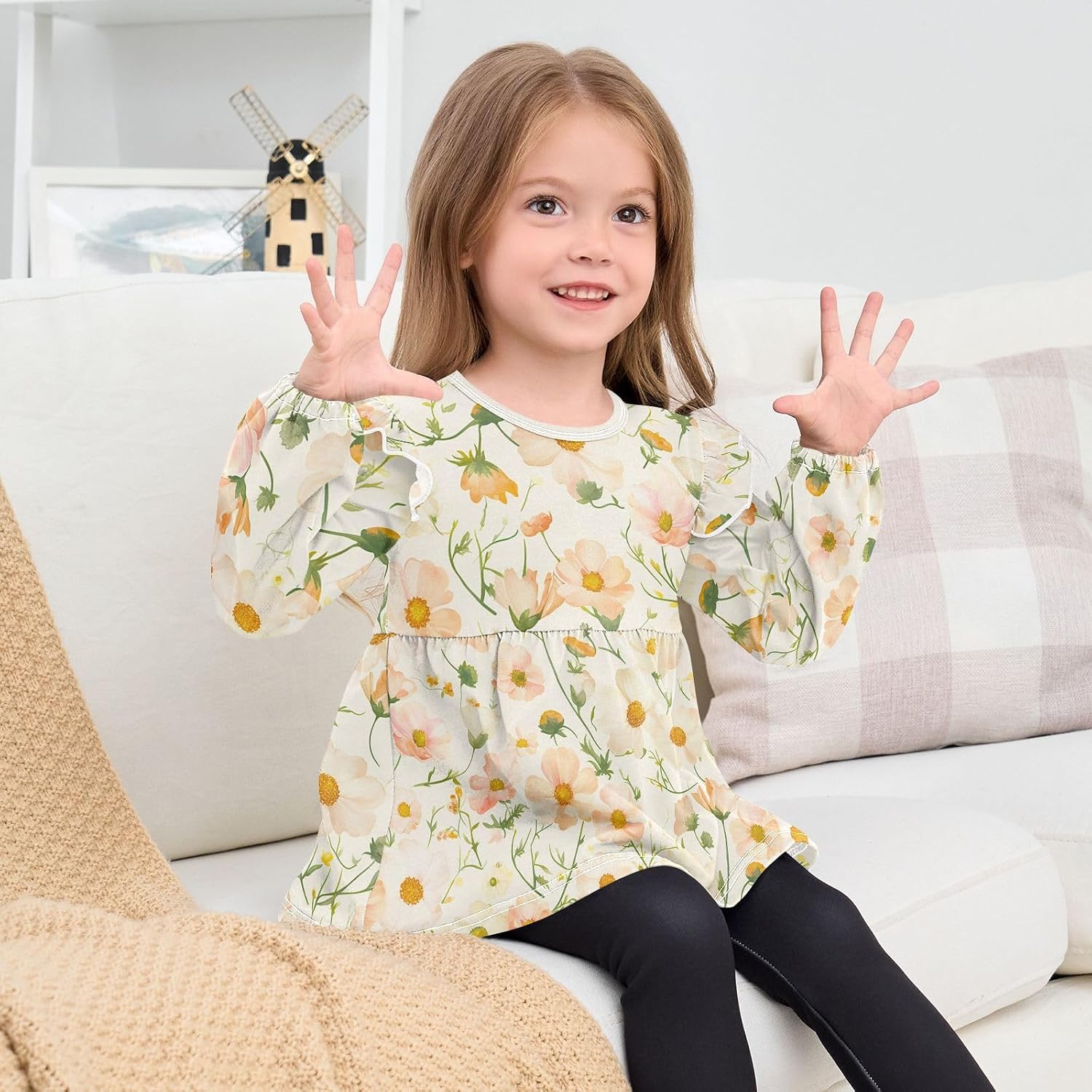 visesunny Toddler Clothes for Girls Vintage Elegant Peach Cosmos Long Sleeve Fall Shirts Cotton Top with Ruffle Collar