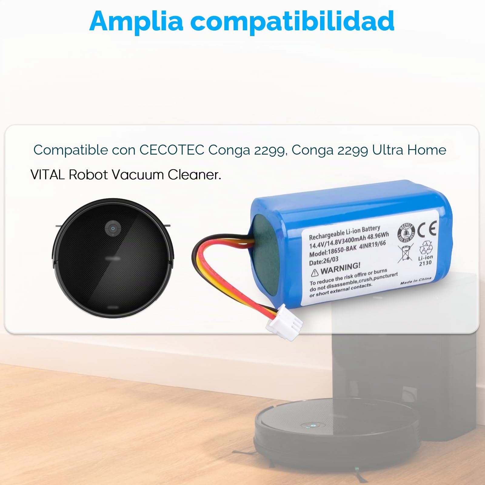 3400 mAh 14,4 V Batería 48,96Wh Repuesto Batería Compatible con CECOTEC Conga 2299, Conga 2299 Ultra Home Vital Aspiradora Robot