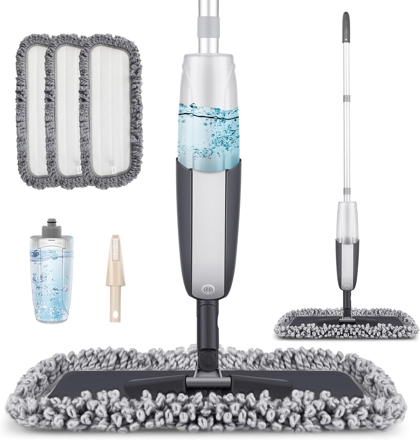 MANGOTIME Spray Mop for Floor Cleaning - Microfibre Dry Wet Mop for Household Commercial Laminate Wooden Vinyl Hardwood Tile LVT Floors with 3 Washable Pads 1 Refillable Bottle 1 Scraper (Black)
