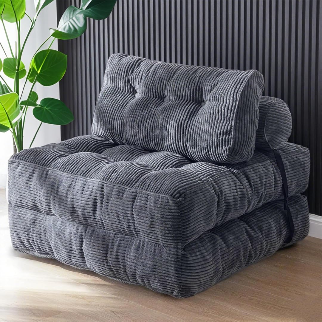 LENND Folding Sofa Bed, Convertible Sleeper Chair with Pillow Foldable Mattress with Back Support, Portable Fold Out Chair Bed Comfy Floor Sofa Lounge for Living Room Bedroom, Dark Grey, Single
