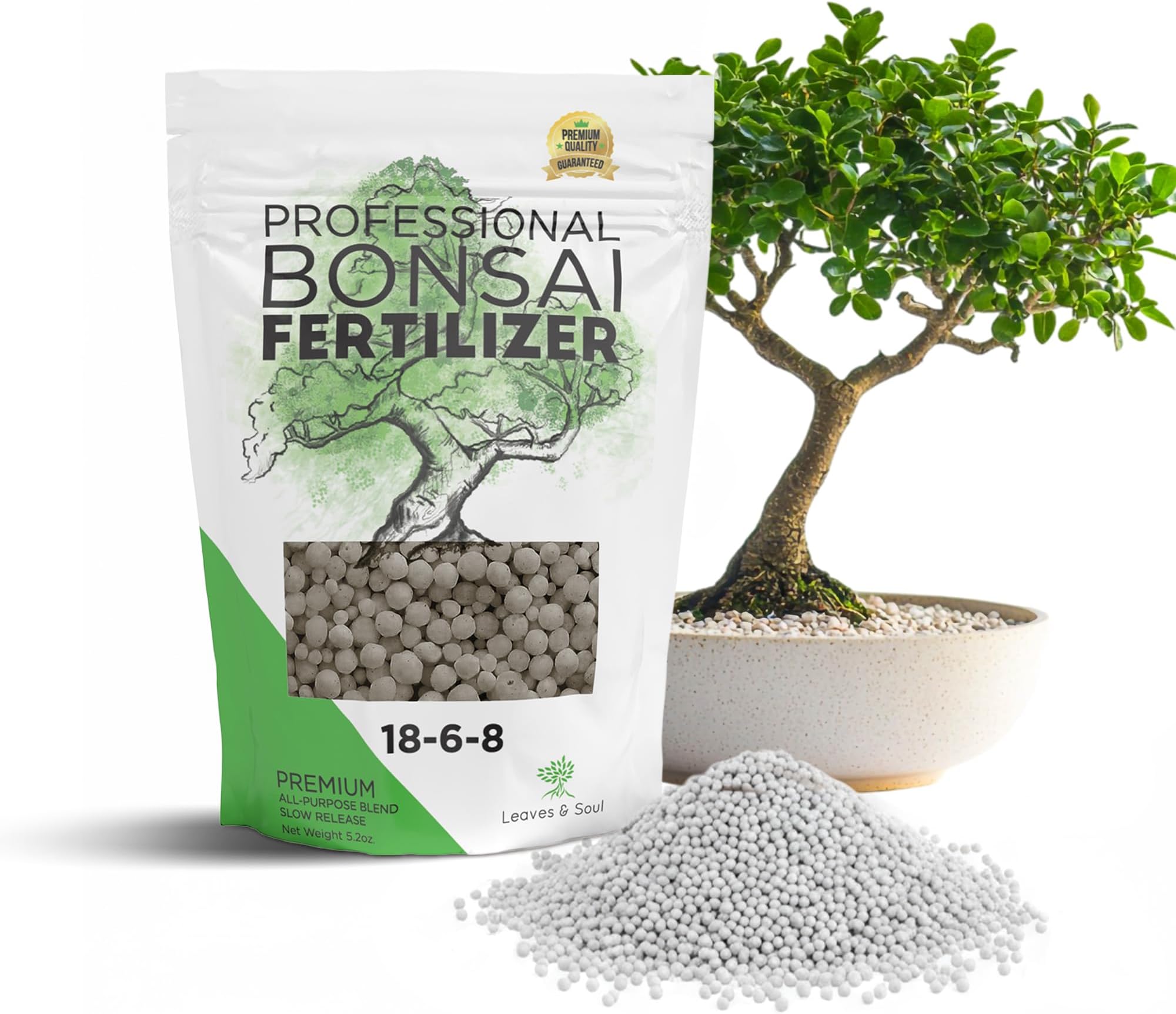 Leaves and Soul Bonsai Fertilizer Pellets |18-6-8 Slow Release Pellets for Seedlings, Mature Plants, All Tree Types | Multi-Purpose Blend & Gardening Supplies, No Fillers | 5.2 oz Resealable Packaging