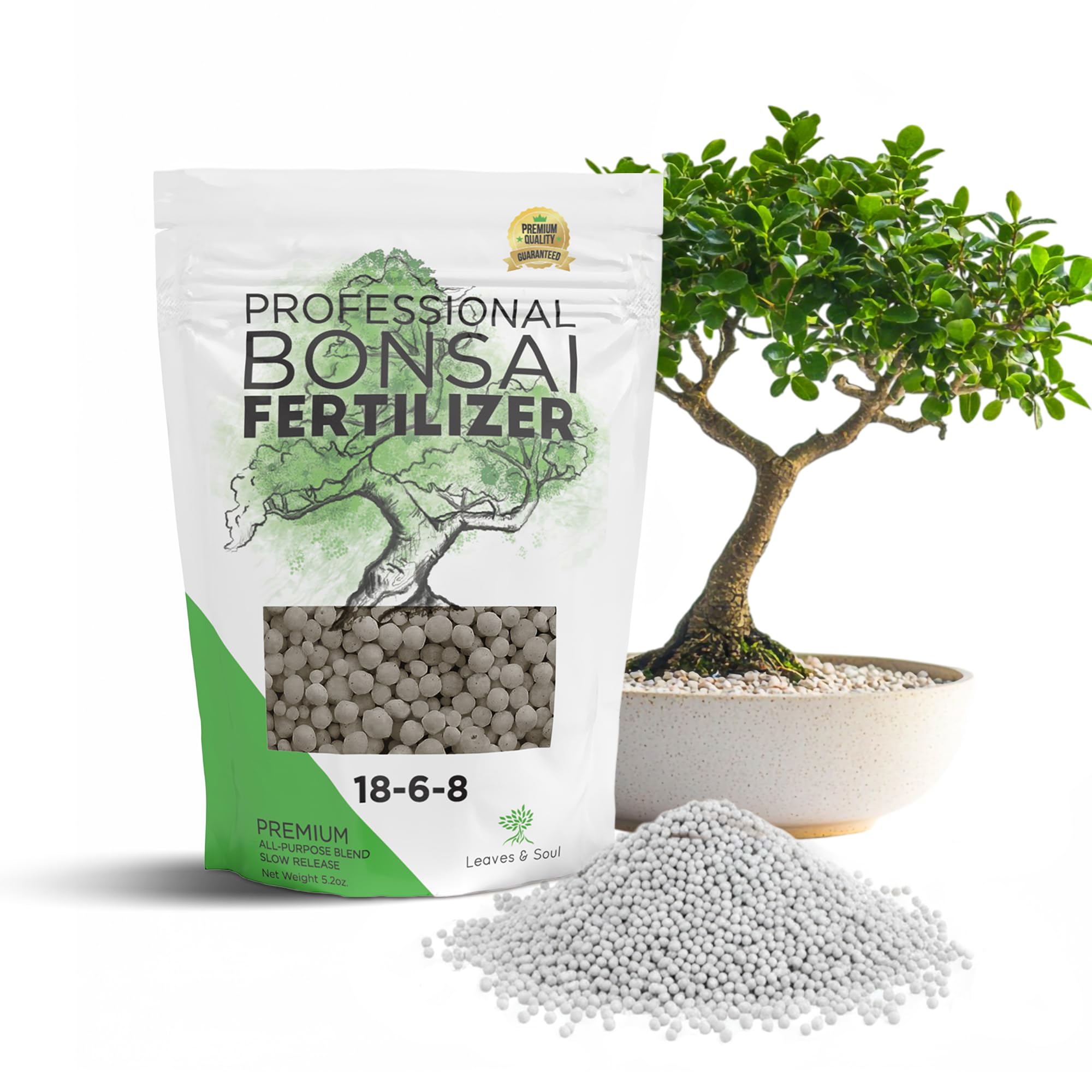 Leaves and Soul Bonsai Fertilizer Pellets |18-6-8 Slow Release Pellets for Seedlings, Mature Plants, All Tree Types | Multi-Purpose Blend & Gardening Supplies, No Fillers | 5.2 oz Resealable Packaging