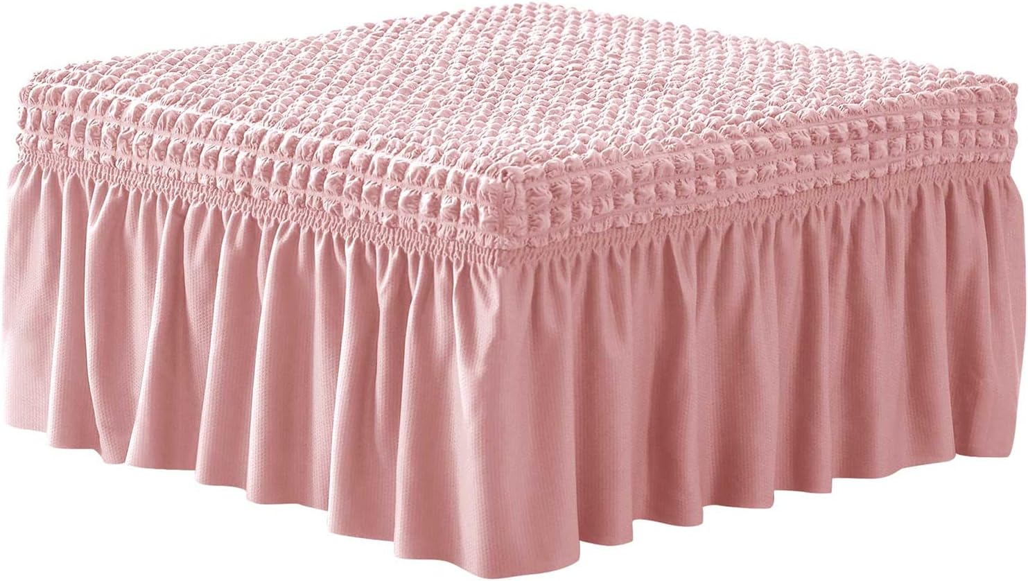 YOPOIY Stretch Ottoman Cover Seersucker Ottoman Slipcover Soft Footstool Protector Covers with Skirt Footstool Slipcover for Living Room Bedroom -Pink