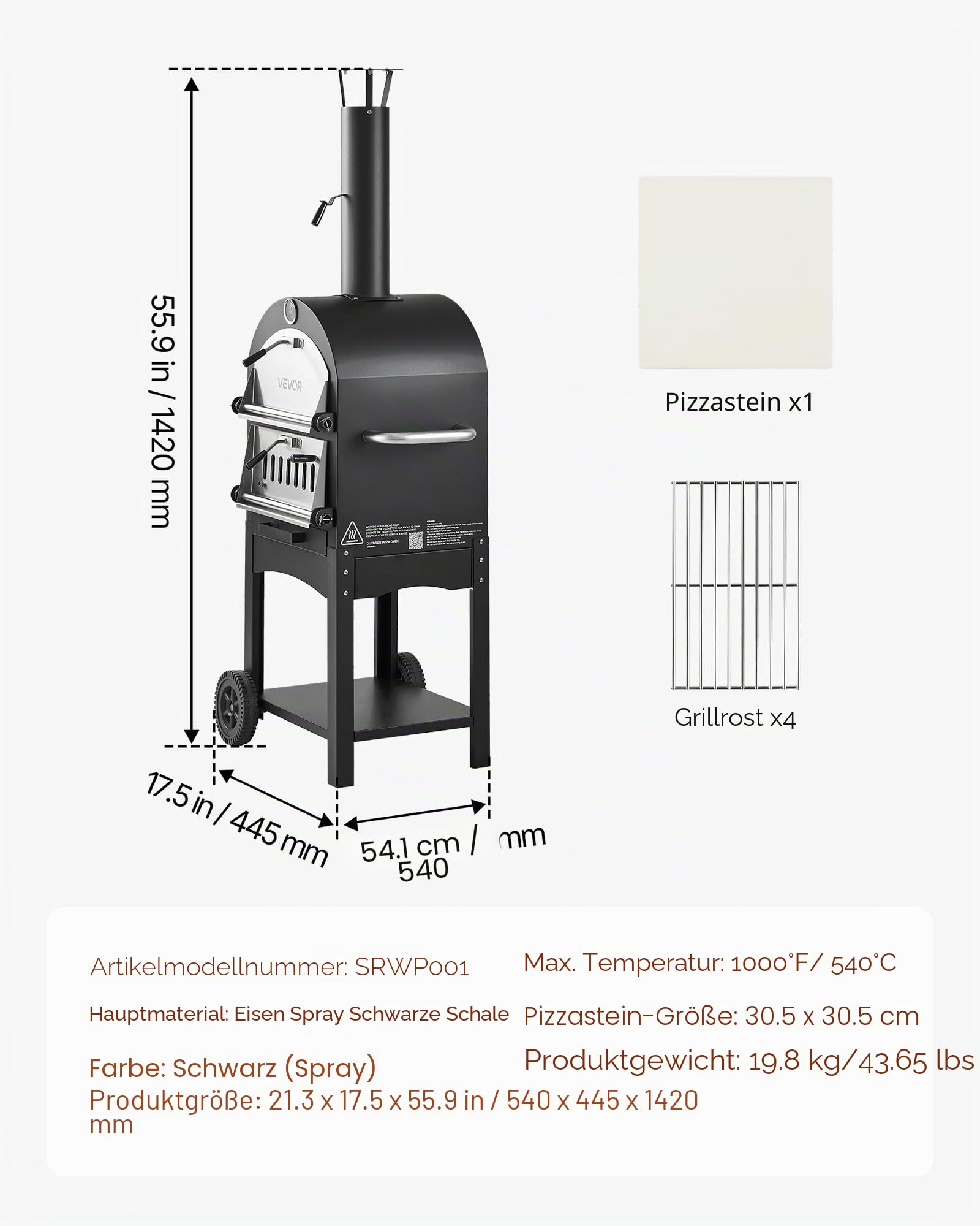 VEVOR Pizzaofen 12 Zoll Pelletöfen, 2-lagiger Pizzaofen mit Holzfeuerung, Holzbefeuerter Ofen Outdoor mit 2 abnehmbaren Rädern, Pizzamaker mit Höchsttemperatur von 540 °C zum Grillen
