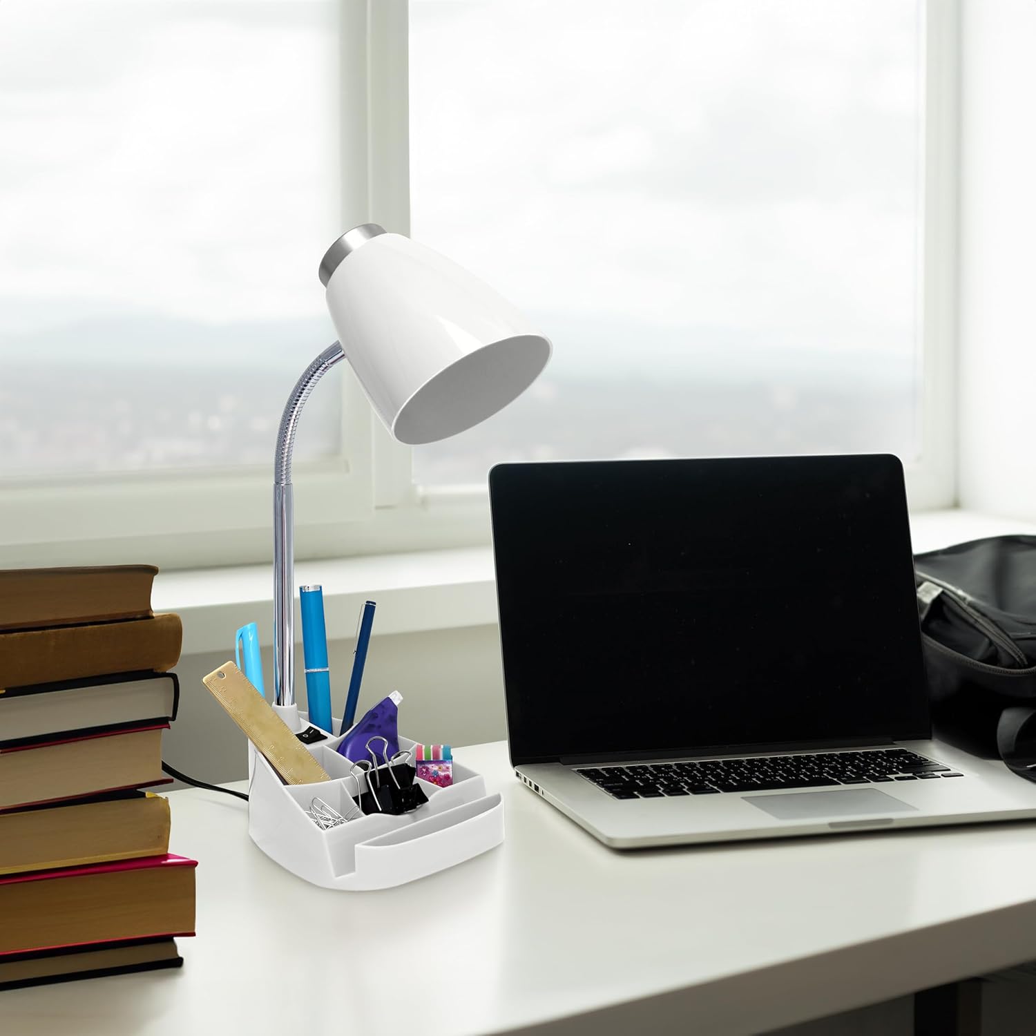 Simple Designs LD1067-WHT Compartmental Desk Lamp with iPhone/iPad/Tablet Stand, Bendable Gooseneck, for Office, Living Room, Nightstand, Library, Entryway, White