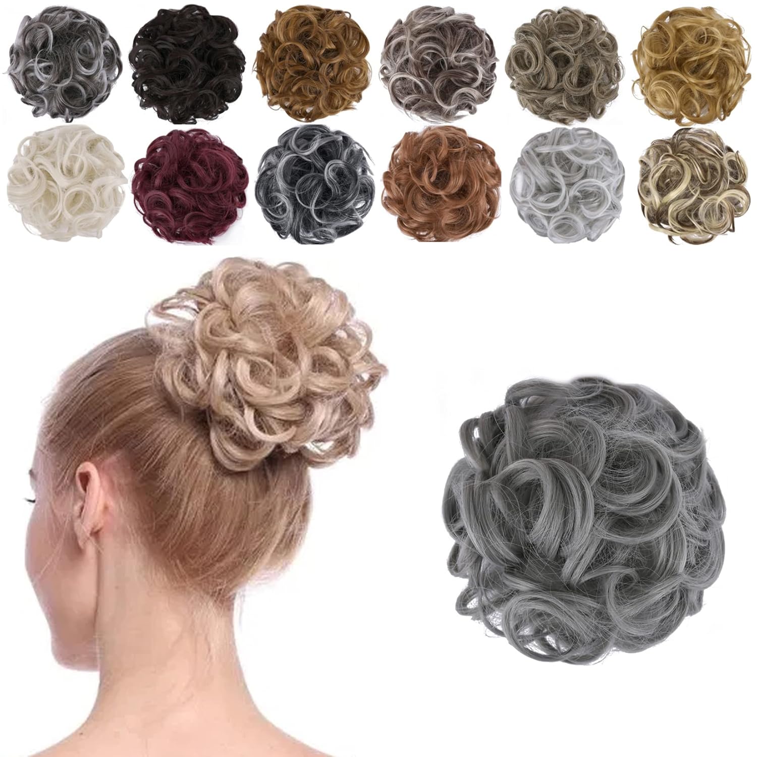 Elaine Hair Buns Hair Piece Messy Tousled Wavy Curly Scrunchies Wrap Ponytail Extensions With Elastic Rubber Band Synthetic Donut Updo Hairpieces for Women Girls (Dimgray)
