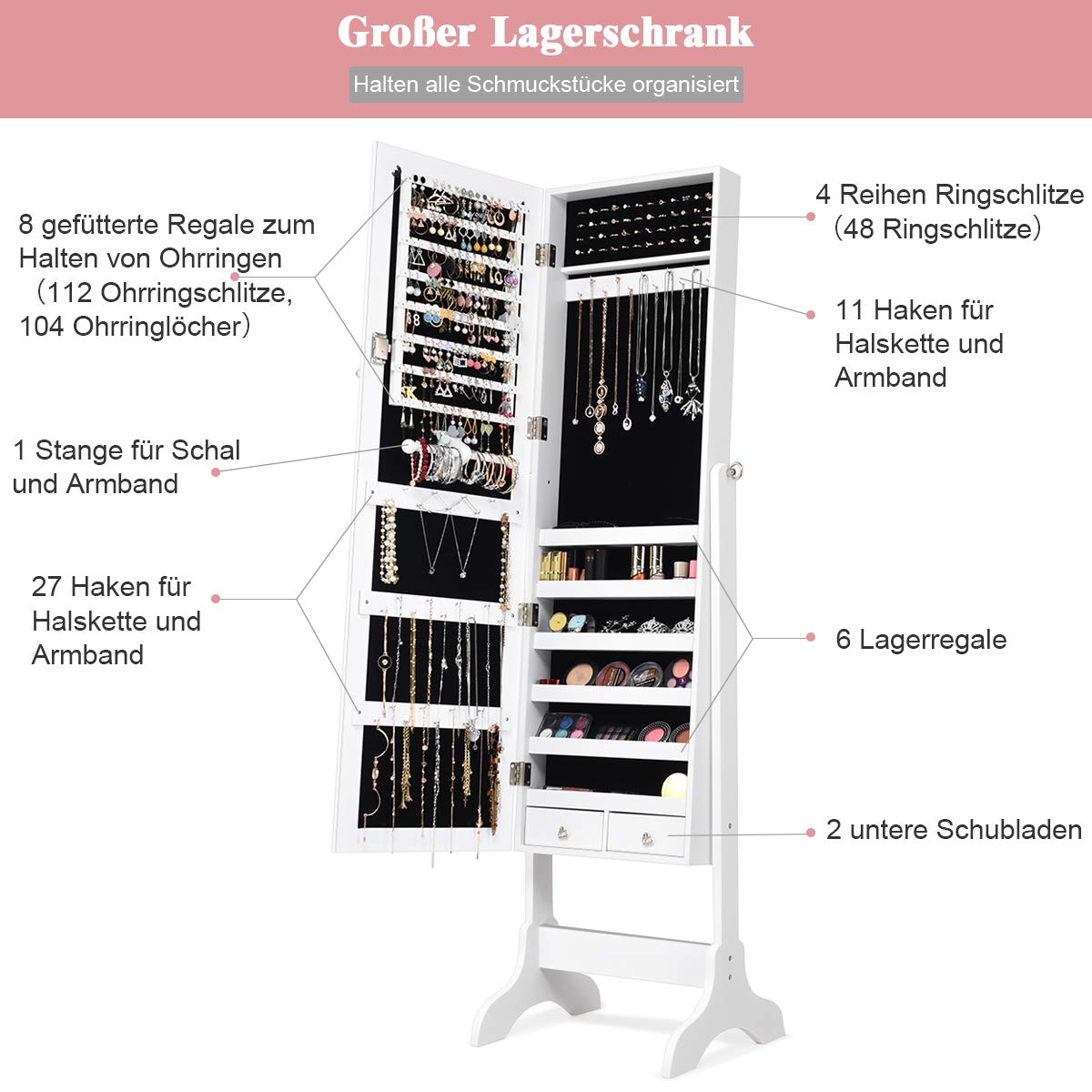 COSTWAY Schmuckschrank abschließbar, Schmuck Spiegelschrank mit Spiegel, Schmuckregal für Ringe, Kettenhaken, Ohrringe und Kosmetik, freistehend, weiß