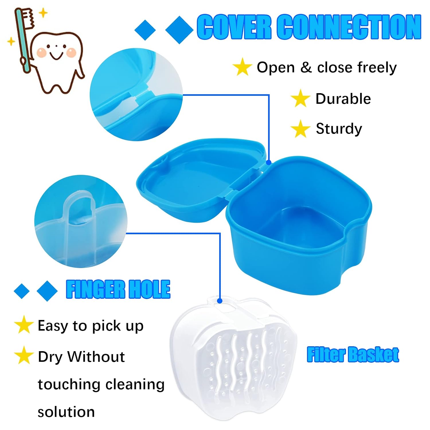 Denture Case Kit, 2 Denture Cup with 2 Denture Brush & 2 Portable Brush Box Denture Bath Cup with Strainer & Lid for Travel, Storage Soak Container Retainer Cleaner (Blue & Light Blue)