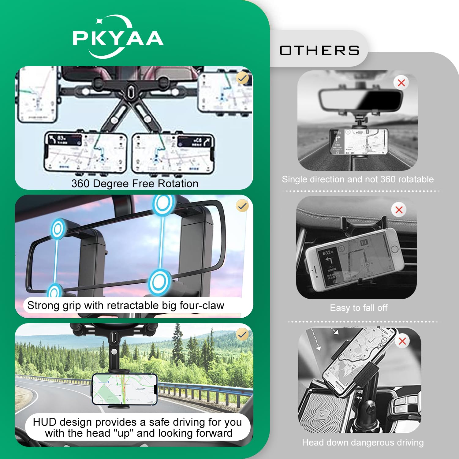 PKYAA Soporte de teléfono para espejo retrovisor para coche, soporte giratorio de 360° con longitud de brazo ajustable, cuatro esquinas mejoradas, diseño multifuncional fijo antivibración para todos