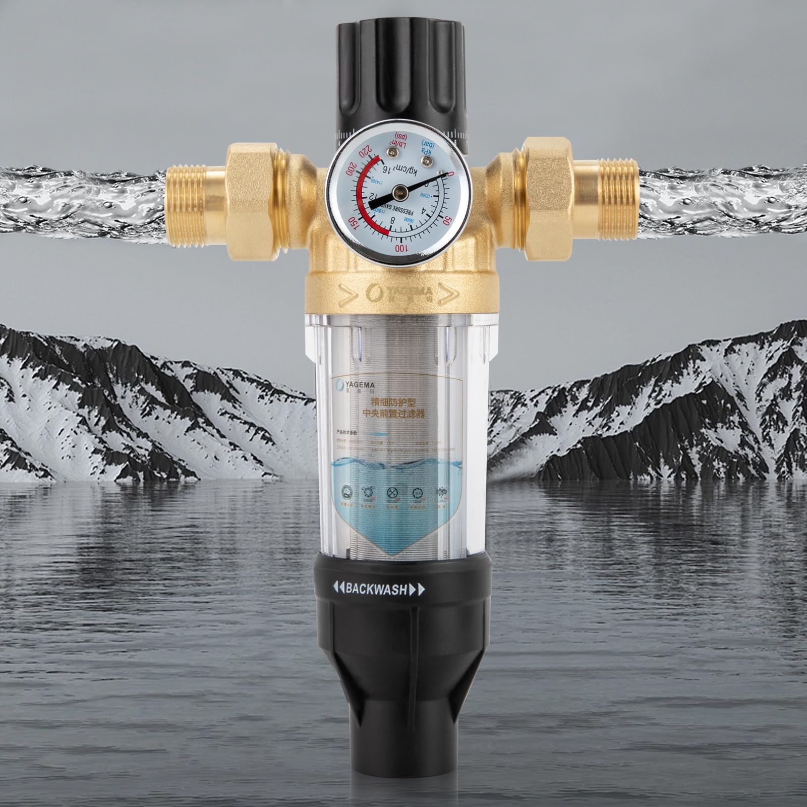 Filtro de agua doméstico, filtro de sedimentos de 40 μm, con indicador de presión de agua, gran caudal 6613,8 lbs/h, filtro de agua del grifo para filtración de sedimentos de agua de pozo (20 mm)