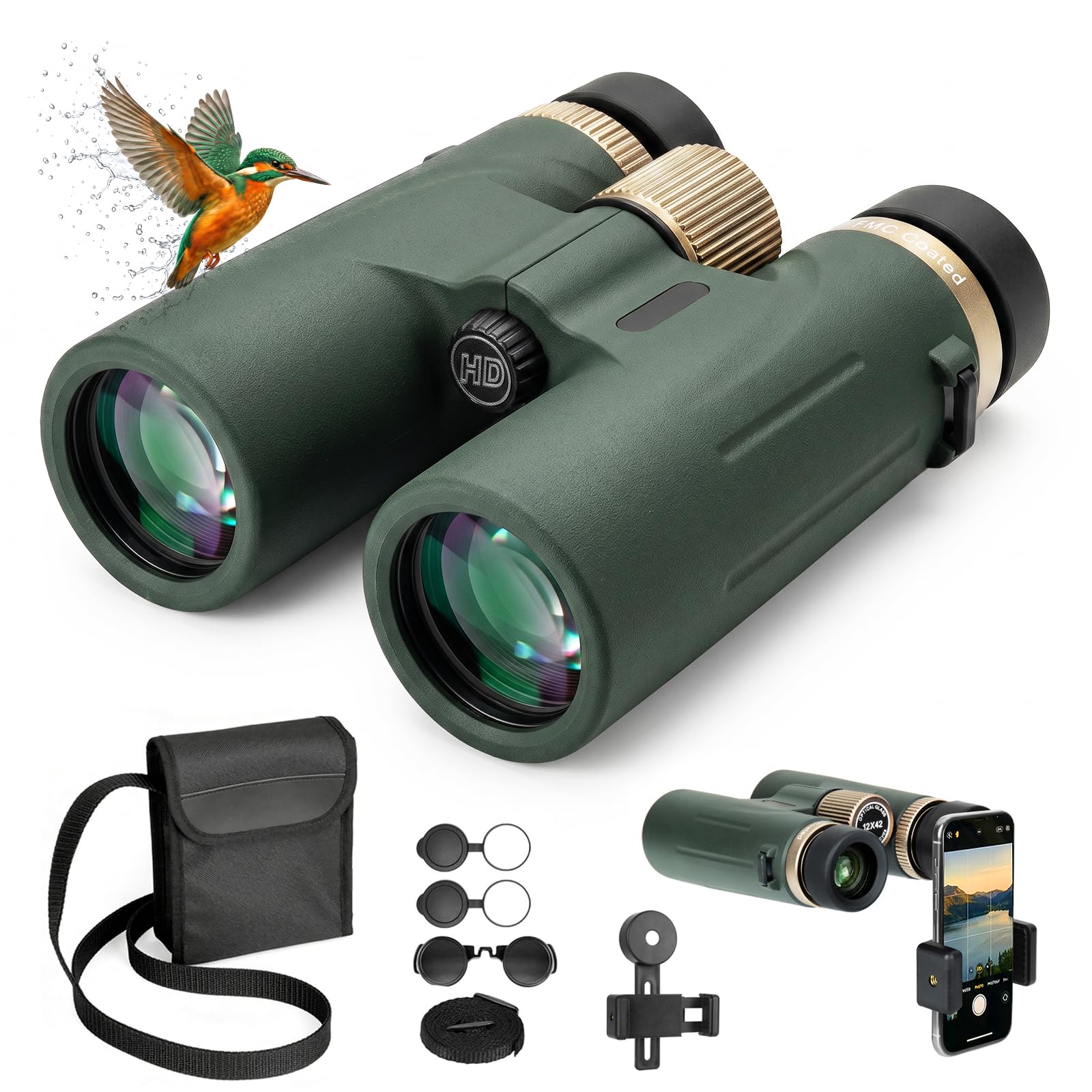 12x42 HD wasserdichtes Profi-Fernglas mit BAK4 Prisma, FMC Linse, Smartphone Adapter & Tragetasche, Easy Focus Weitwinkel – ideal für Vogelbeobachtung, Stargazing, Reisen, Wandern, Jagd & Konzerte
