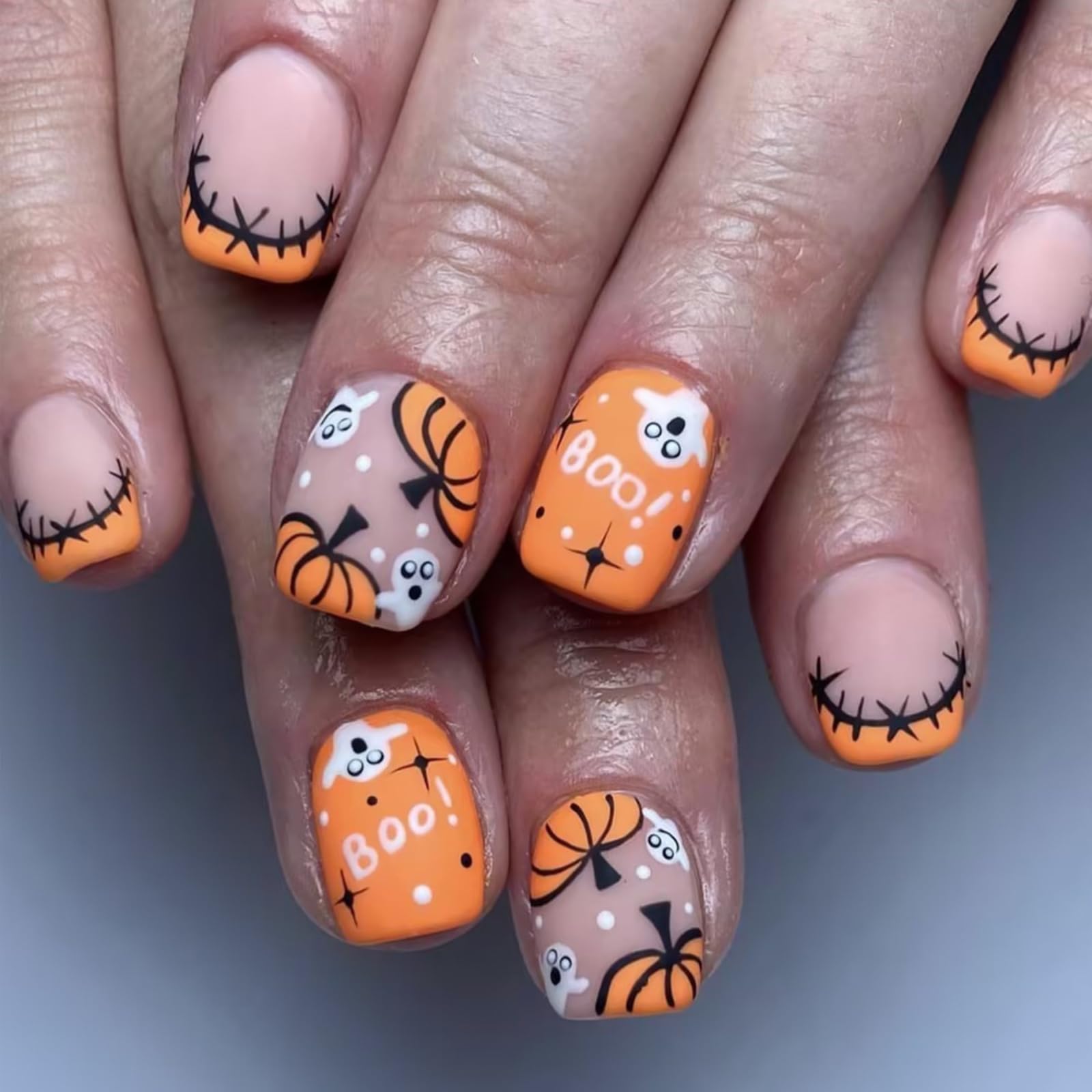 24Pcs Halloween Nails, Autumn Press on Nails with Pumpkin Ghost Designs