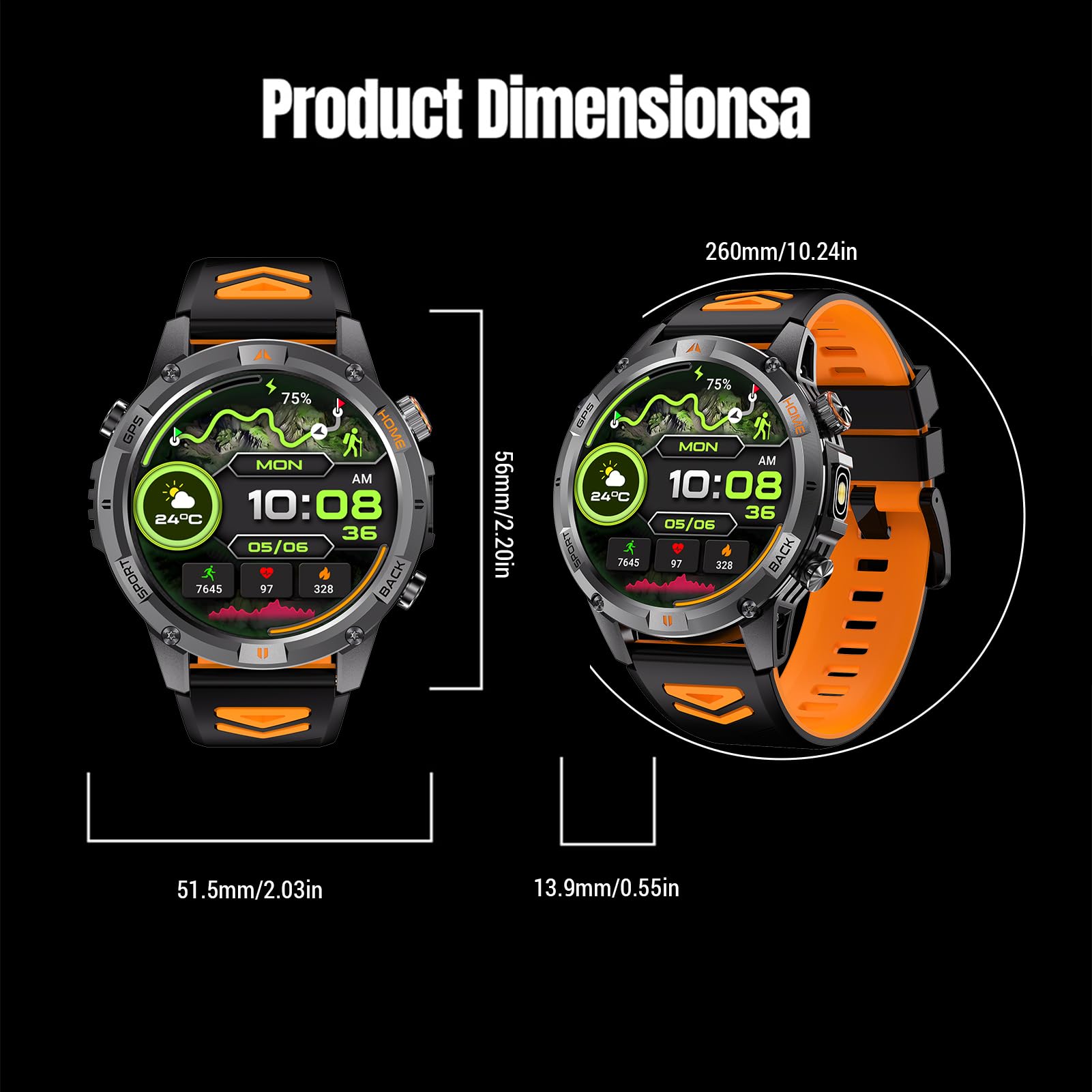 Sport Smart Watch GPS Activity Tracker Pantalla de 1,46 Pulgadas Pantalla de Alta resolución 360x360 Modos Multideporte para Hombres Deportes al Aire Libre (Negro y Naranja)