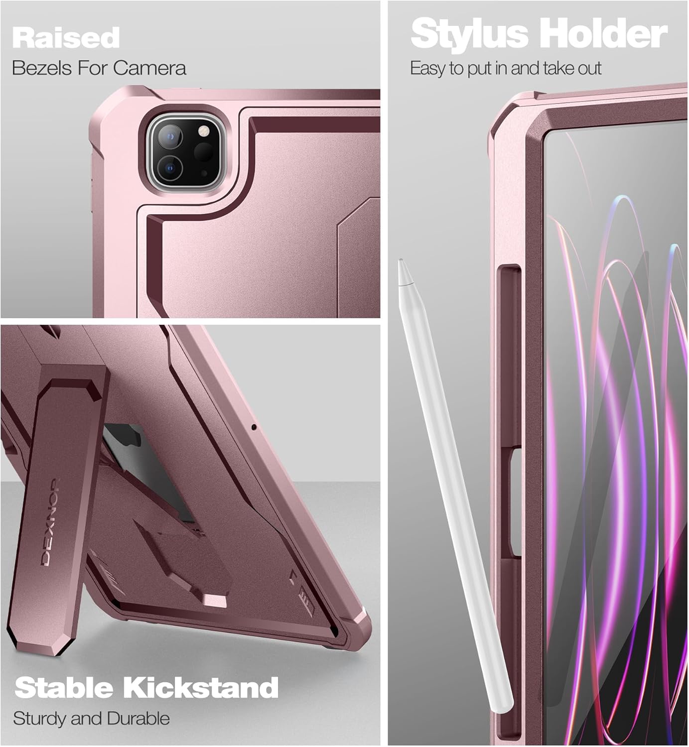 Dexnor for iPad Pro 12.9 Inch Case 2022/2021/2020(6th/5th/4th), Heavy Duty Shockproof Dual Layer Full-Body Bumper Protective Cover with Built-in Screen Protector & Kickstand & Pen Holder - Matte Pink - Image 7