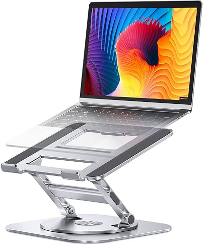 AOEVI Adjustable Laptop Stand with 360 Rotating Base, Stable Computer Stand for Laptop Ergonimic Foldable Laptop Riser for Desk Compatible with MacBook Pro/Air Notebook up to 16 Inches, Silver